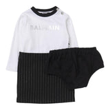 Balmain Abito Manica Lunga Bicolore con Culotte Bianco/Nero per Neonata BT1020 BIANCO/NERO BALMAIN 