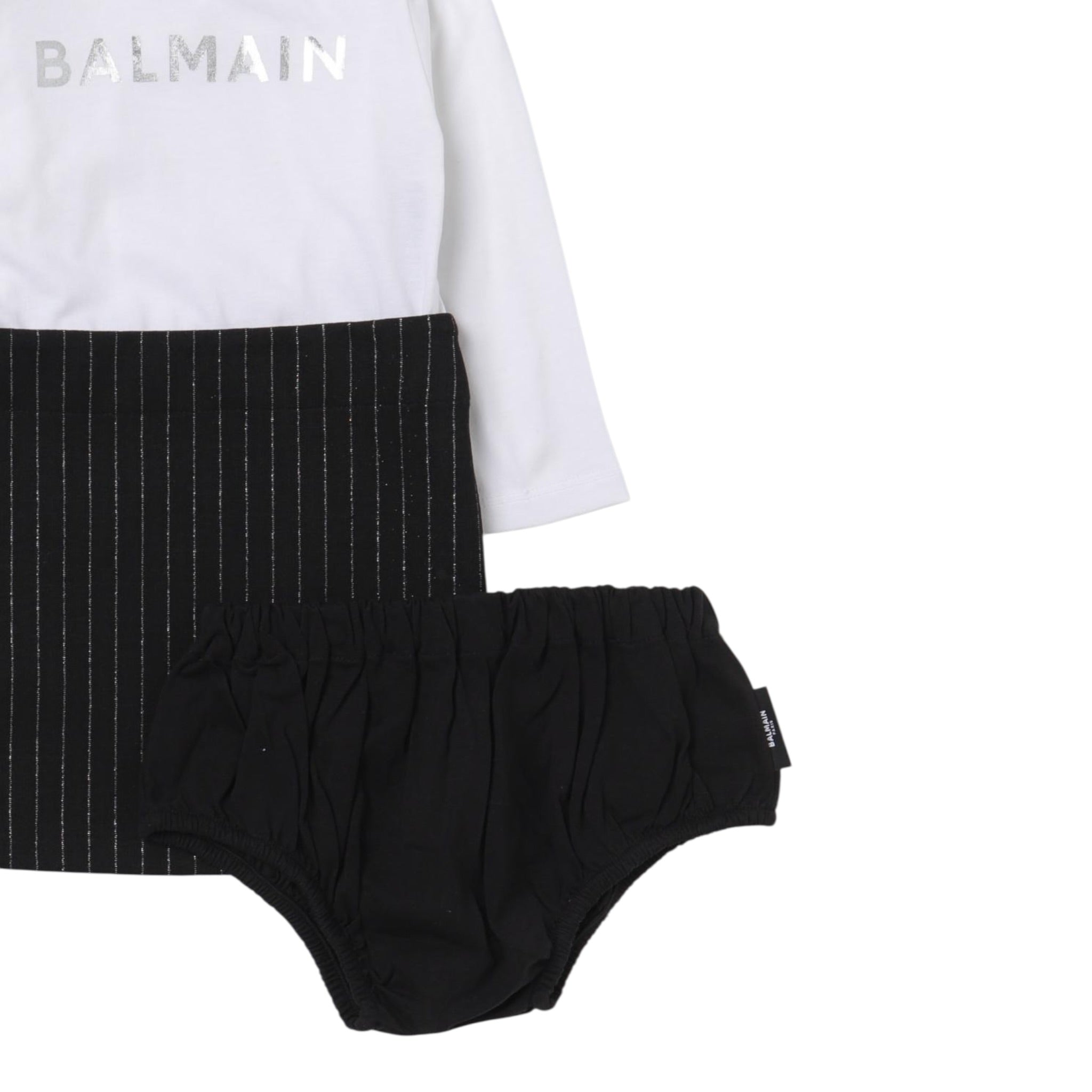 Balmain Abito Manica Lunga Bicolore con Culotte Bianco/Nero per Neonata BT1020 BIANCO/NERO BALMAIN 