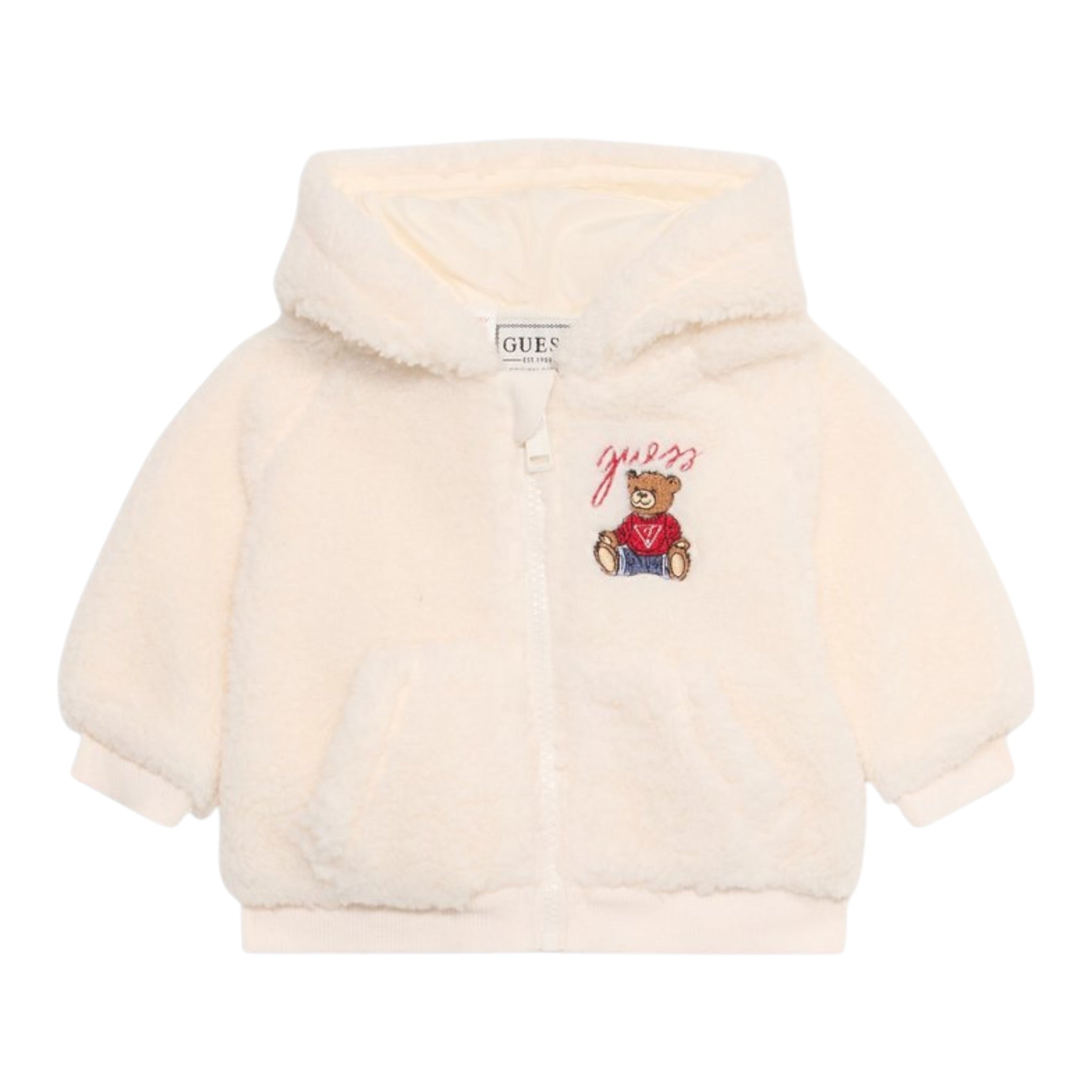 Guess Giubbino In Teddy tinta unita con Cappuccio E Zip Panna per Bambino HSBT01WGSO0J PANNA GUESS 