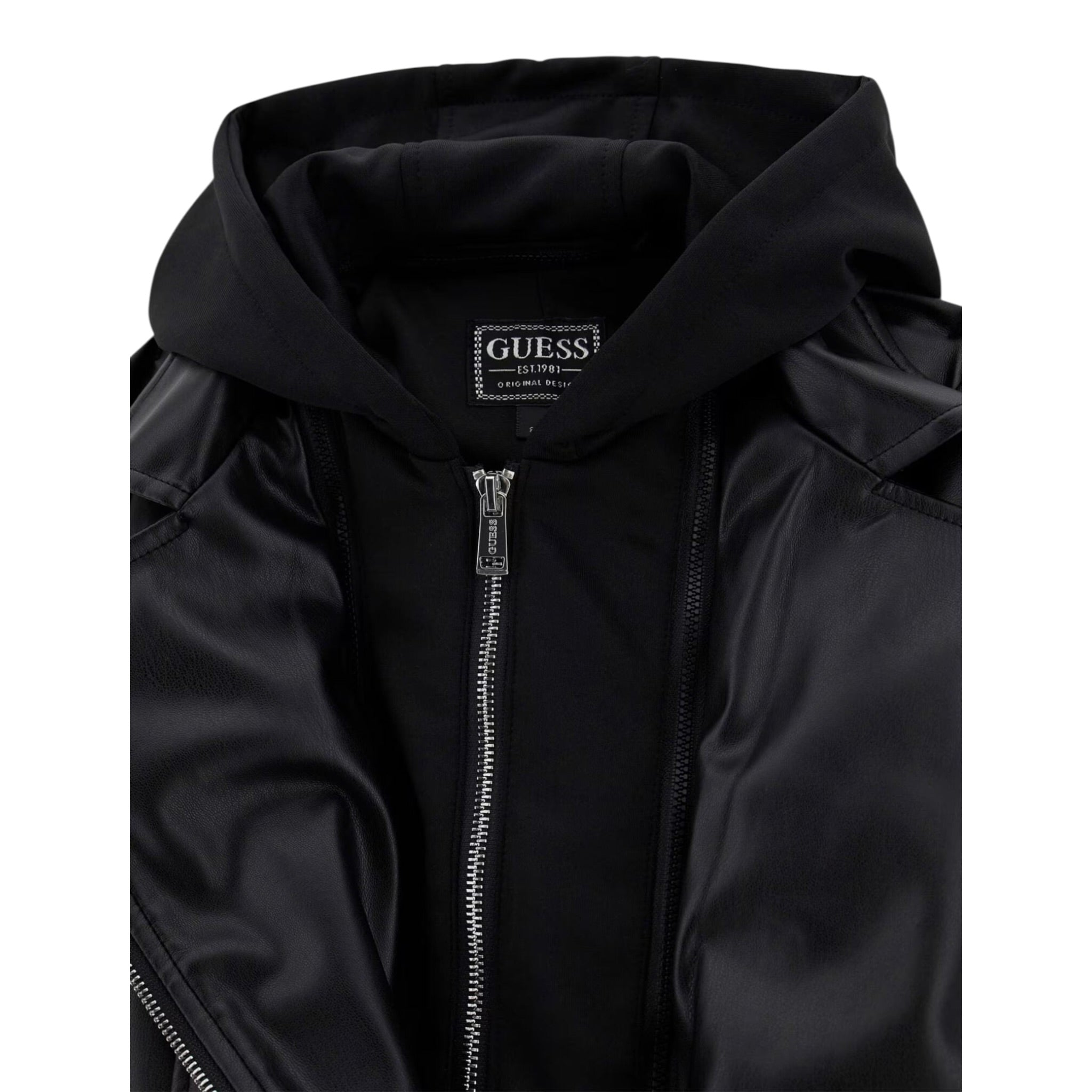 Guess Chiodo In Ecopelle tinta unita con Cappuccio Nero per Bambino J5YL01WAEI0 NERO GUESS 