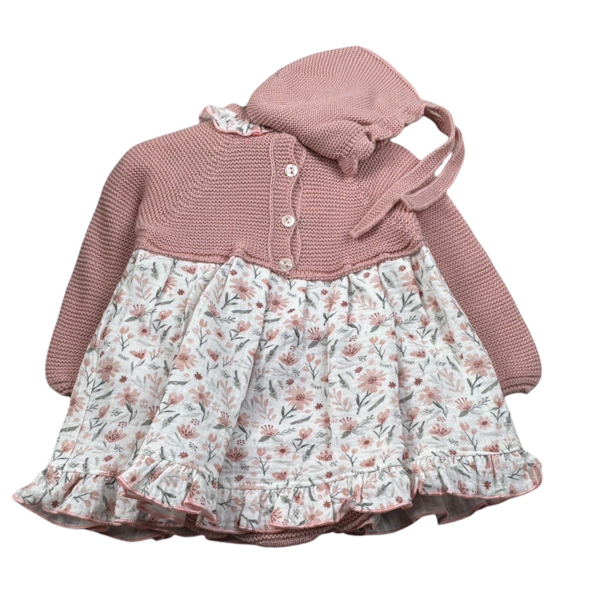 Juliana Abito Manica Lunga Bicolore con Cappelli Rosa per Neonata 25673 ROSA JULIANA 