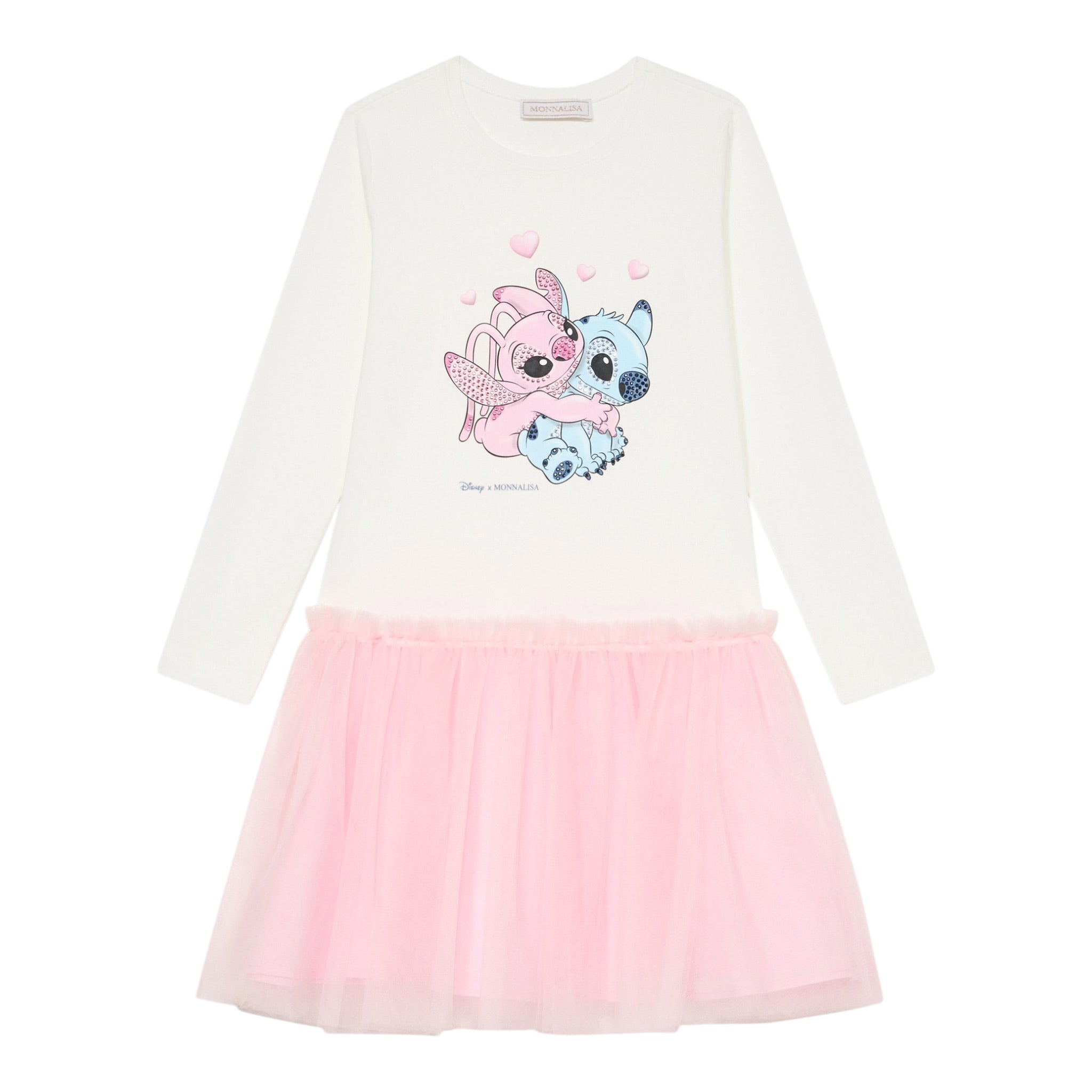 Monnalisa Abito Manica Lunga Gonna Tulle Bianco/Rosa per Neonata 19F903 BIANCO/ROSA MONNALISA 