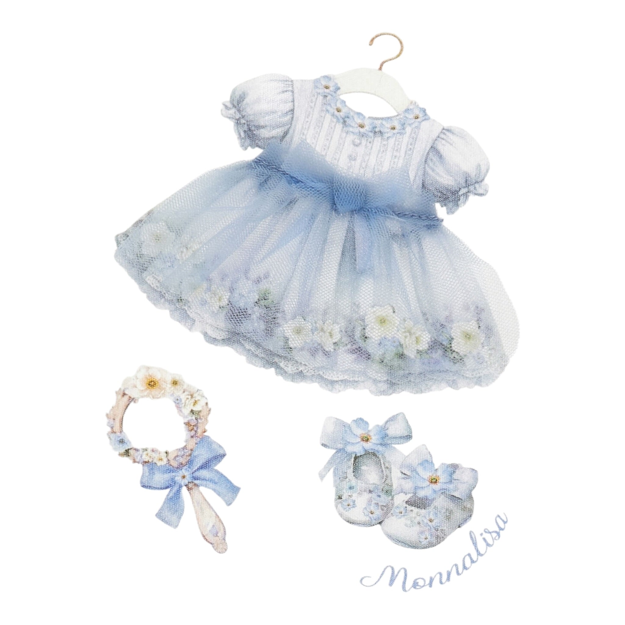 Monnalisa Abito Manica Lunga Gonna Tulle Bianco/Azzurro per Neonata 39F906 BIANCO/AZZURRO MONNALISA 