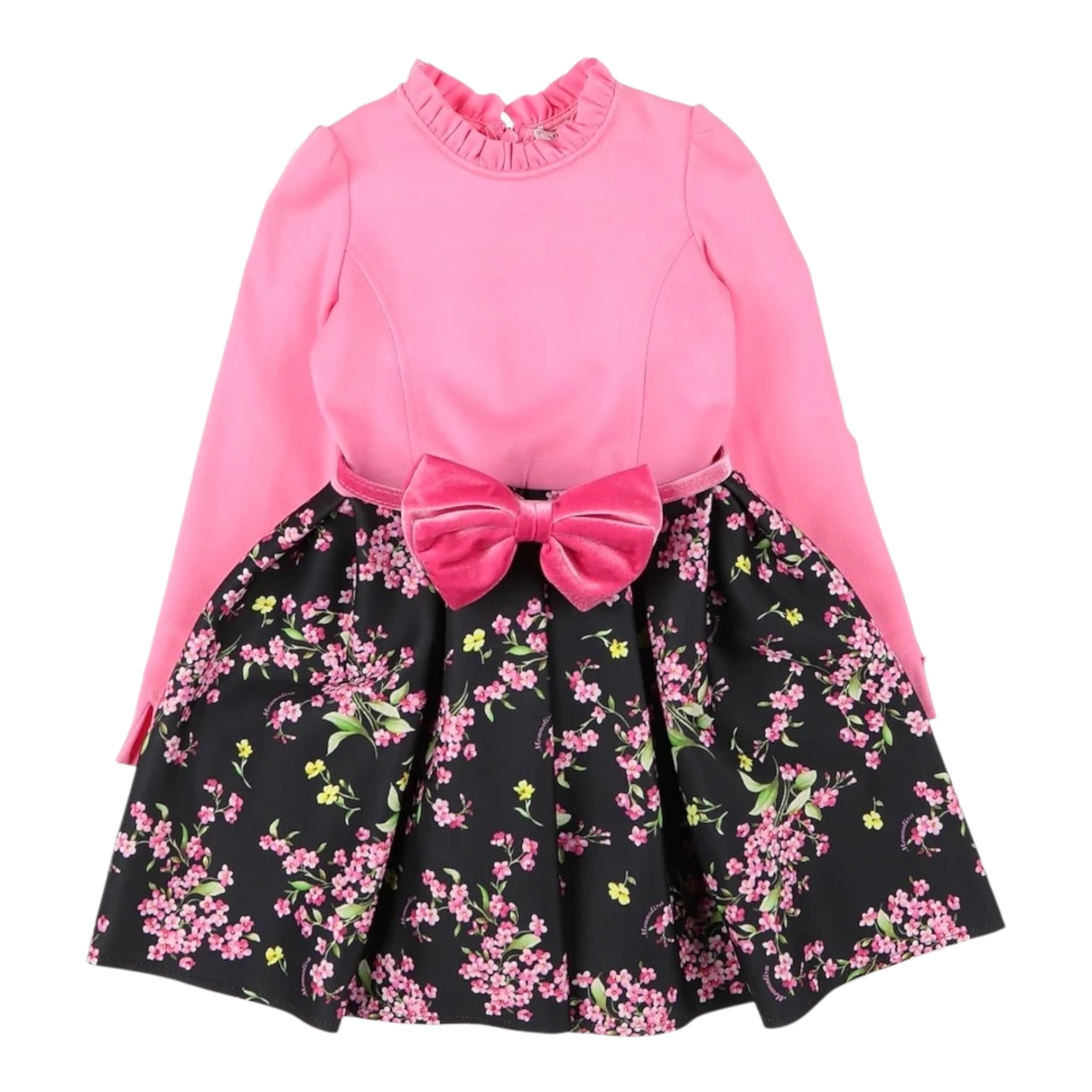 Monnalisa Abito Manica Lunga Bicolore Fantasia Floreale Rosa/Nero per Bambina ABTMMN ROSA/NERO MONNALISA 