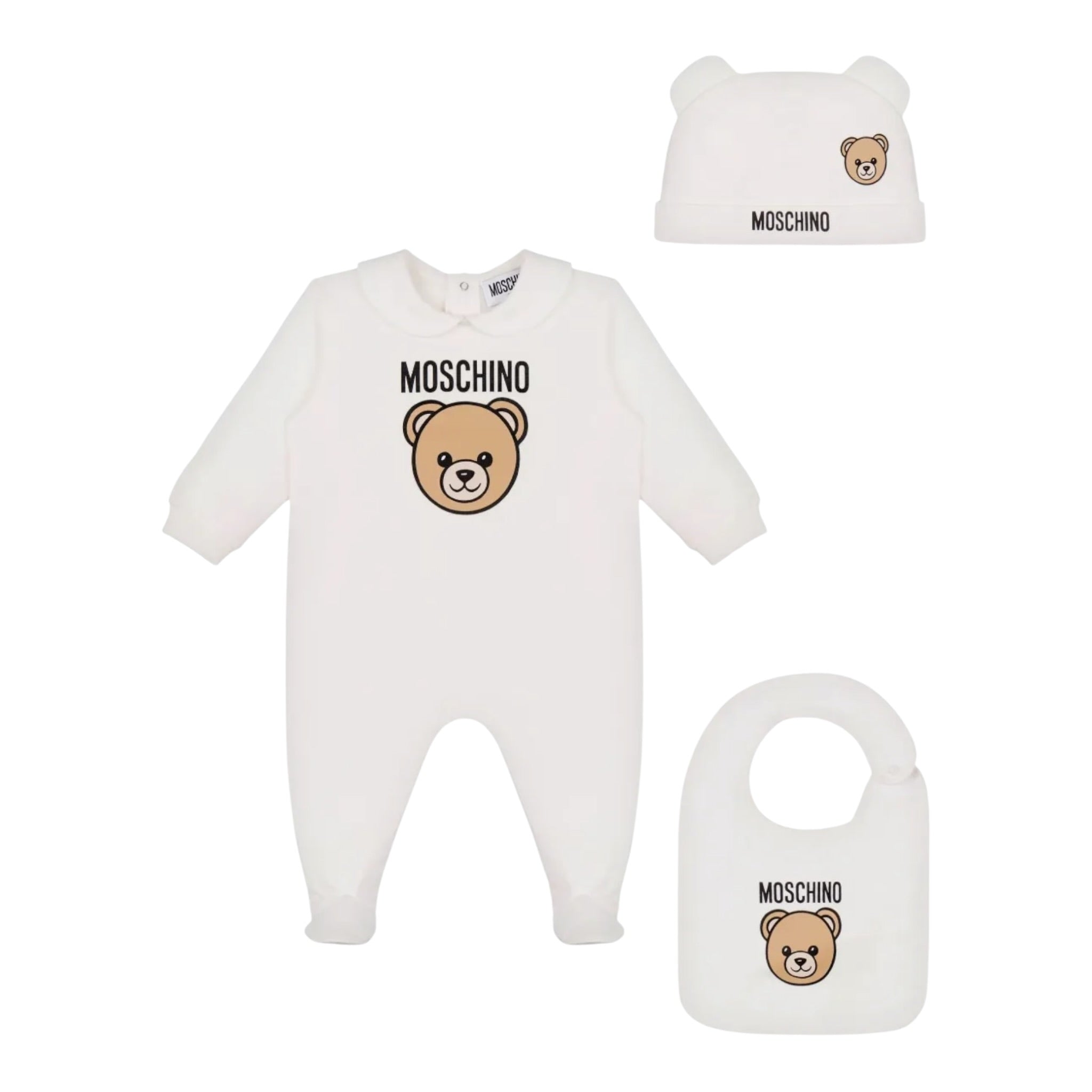 Moschino Set 3 Pezzi Tutina-Cappello-Bavette Panna per Neonato MMY008B PANNA MOSCHINO 