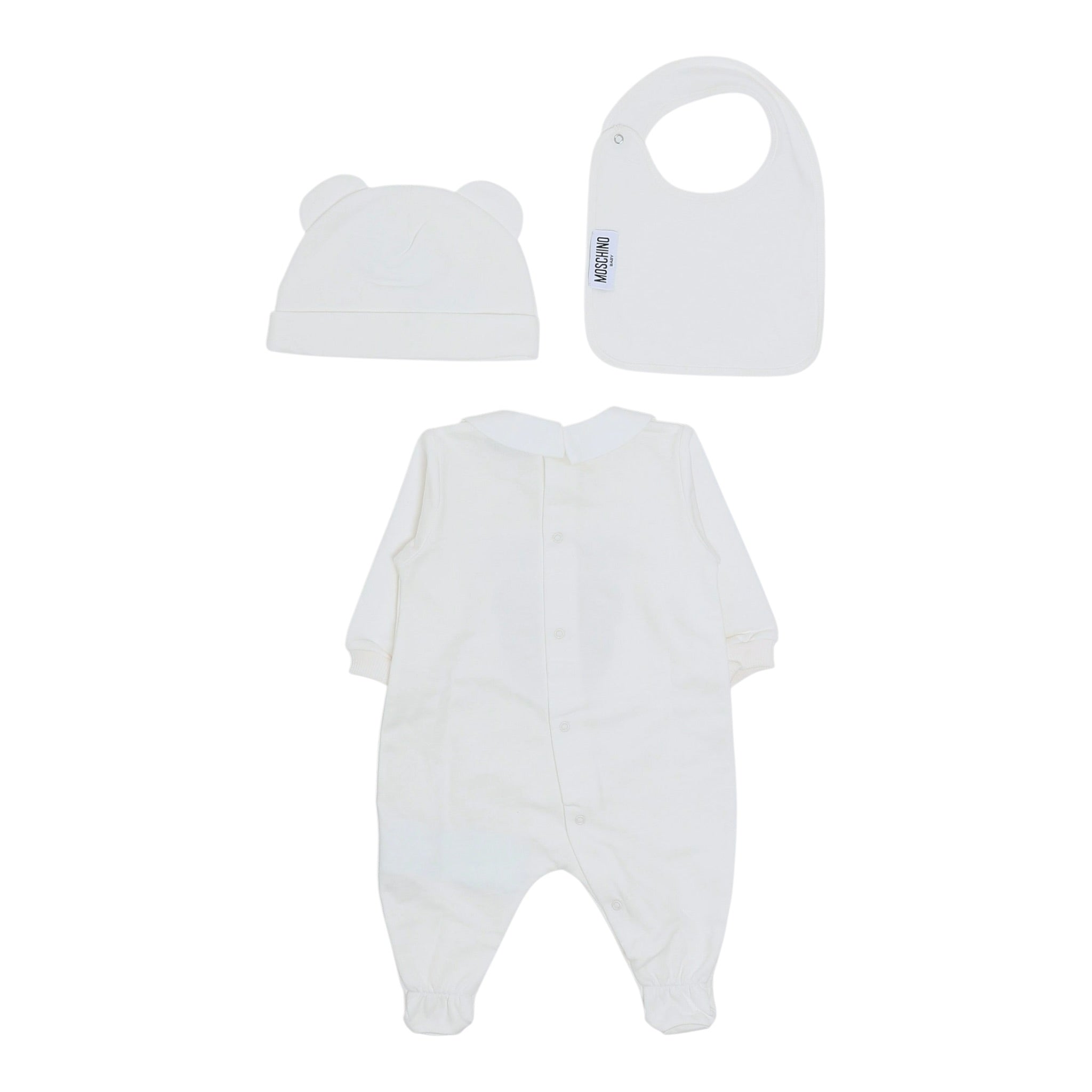 Moschino Set 3 Pezzi Tutina-Cappello-Bavette Bianco per Neonato MMY08B BIANCO MOSCHINO 