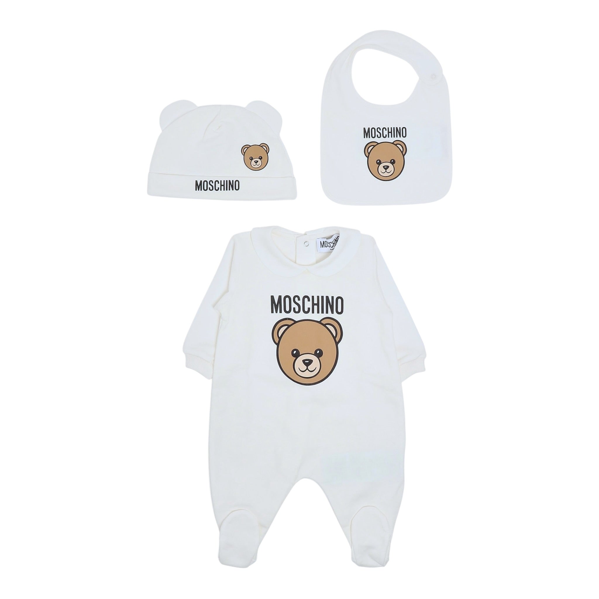 Moschino Set 3 Pezzi Tutina-Cappello-Bavette Bianco per Neonato MMY08B BIANCO MOSCHINO 