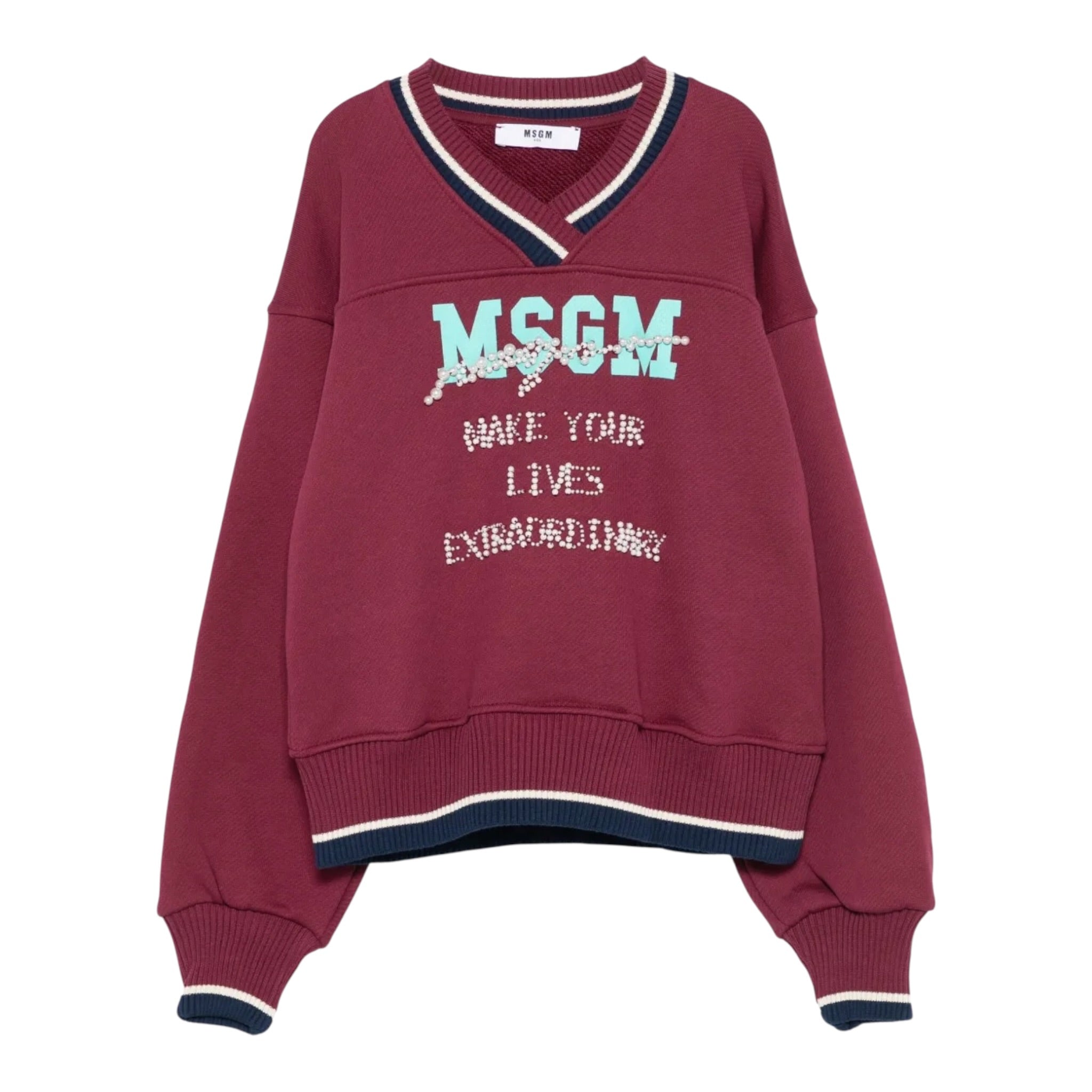 Msgm Felpa tinta unita con Scollo A V E Stampa Bordeaux per Bambina F5MSJGSW124X BORDEAUX MSGM 