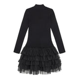 Twinset Abito Manica Lunga tinta unita con Tulle Nero per Bambina 242GJ3121 NERO TWINSET 