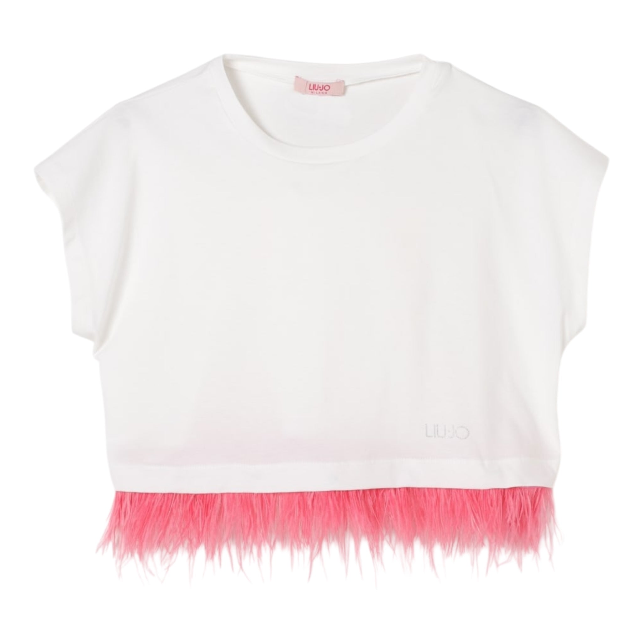 Liu Jo T-Shirt Girocollo Tinta Unita con Stampa E Piume per Bambina GA5169 BIANCO LIU JO 