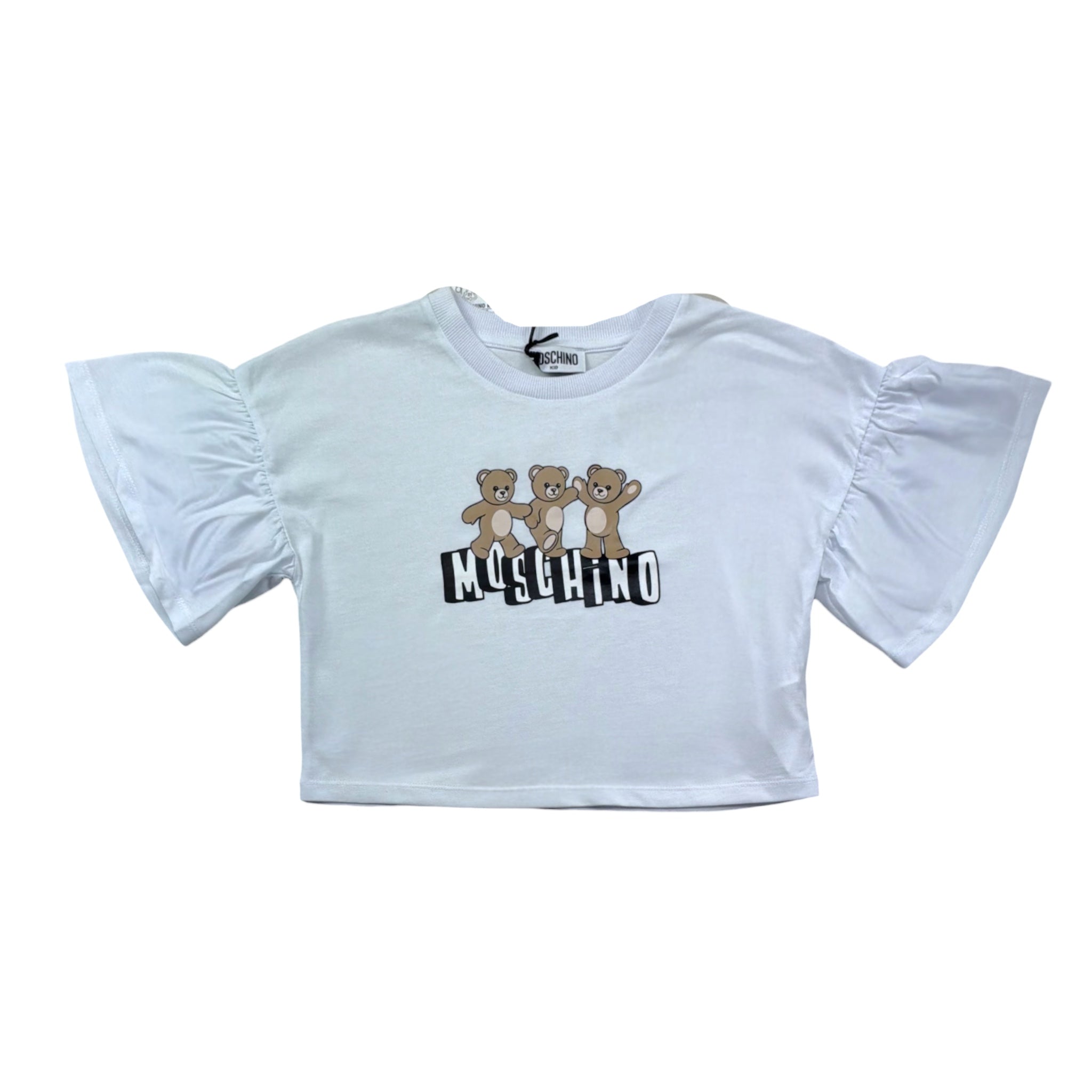 Moschino T-Shirt Modello Crop Tinta Unita con Stampa- Shorts per Bambina HDG01K BIANCO MOSCHINO 