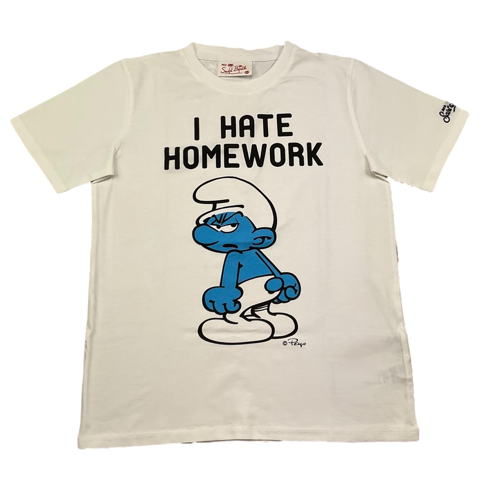 Saint Barth T-Shirt Girocollo Tinta Unita con Stampa Puffo per Bambino SMURF BIANCO SAINT BARTH 