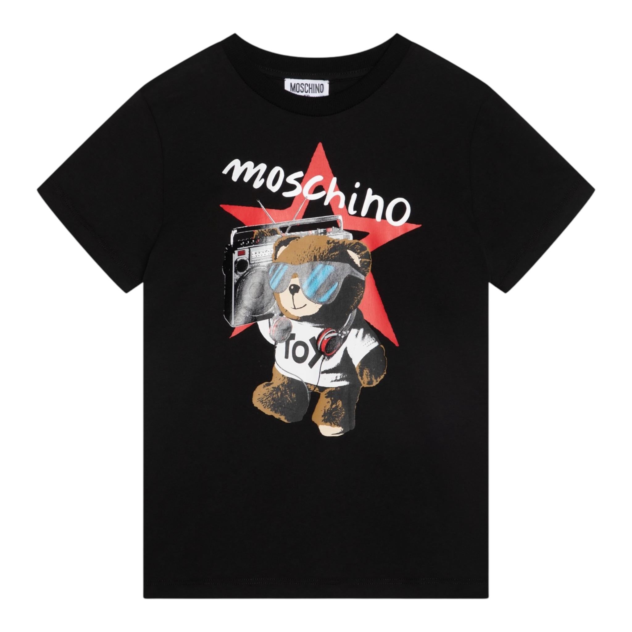 Moschino T-Shirt Girocollo tinta unita Cn Logo Nero per Bambino HXM04K NERO MOSCHINO 