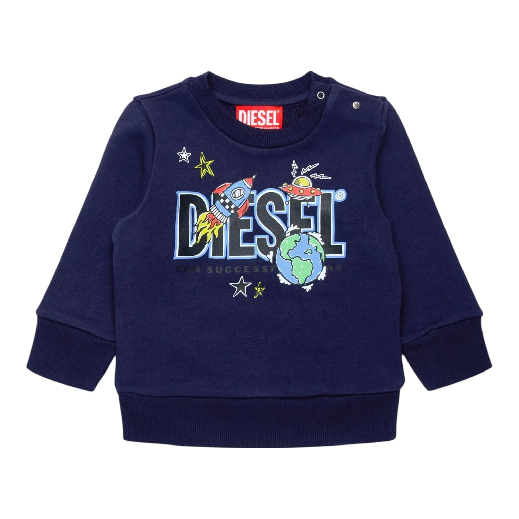 DIESEL felpa chiusa girocollo tinta unita cn stampa in contrasto Blu per Neonato K00582 BLU DIESEL 