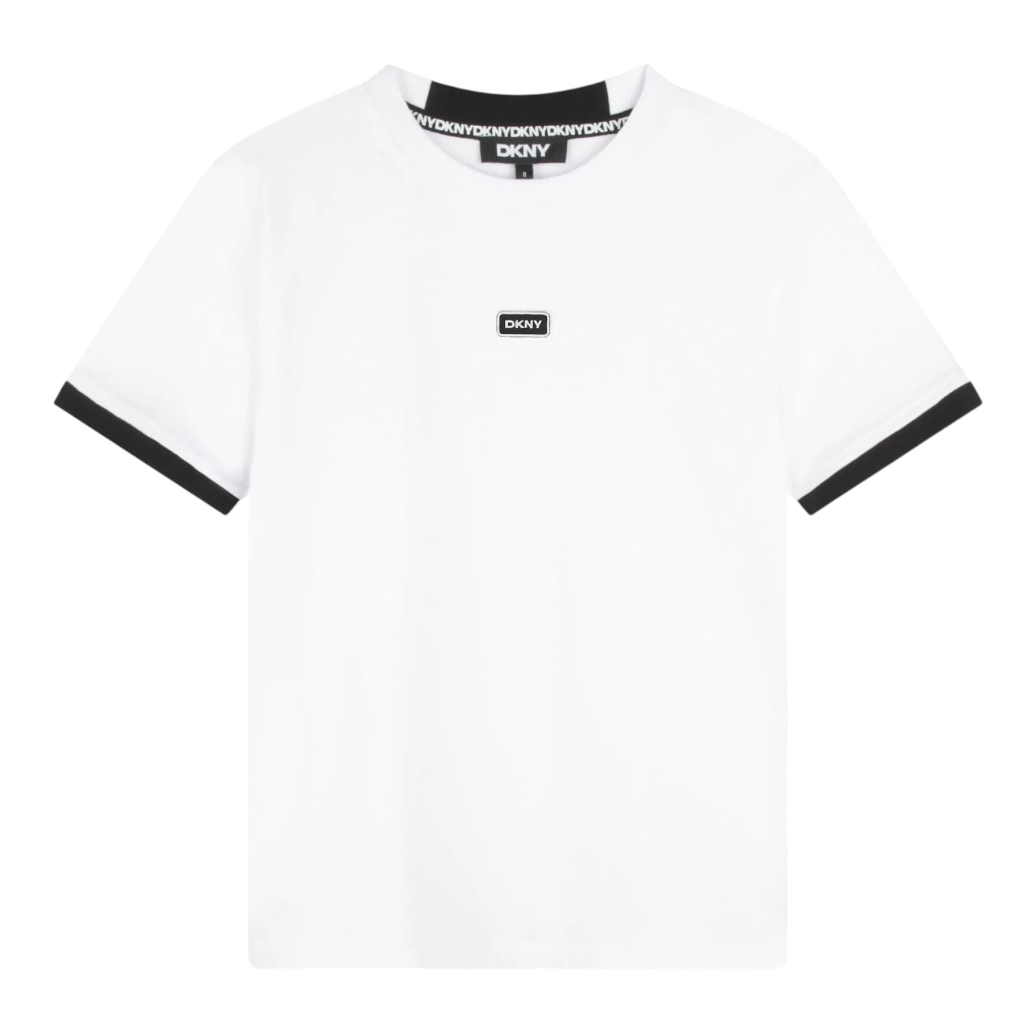 DKNY t-shirt girocollo tinta unita cn profili in contrasto Bianco per Bambino D60197 BIANCO DKNY 