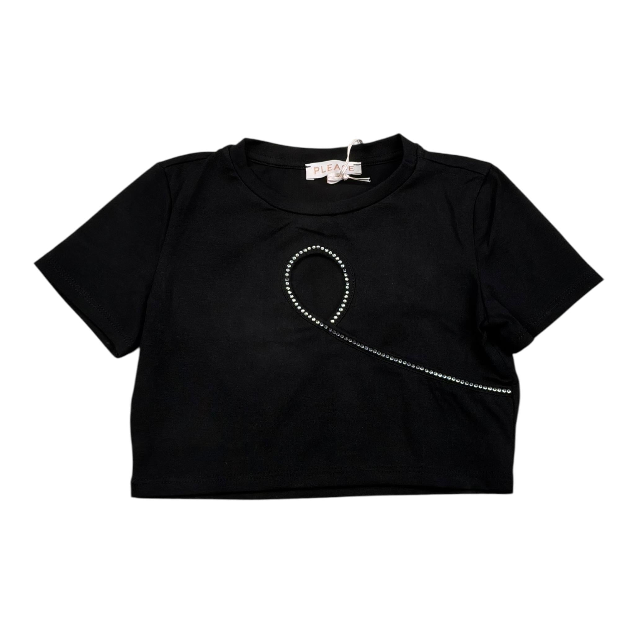 Please T-Shirt Modello Crop Tinta Unita con Brillantini per Bambina MB26032G73 NERO PLEASE 
