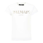 Balmain T-Shirt Girocollo Tinta Unita con Logo per Bambina BW8A911X BIANCO BALMAIN 
