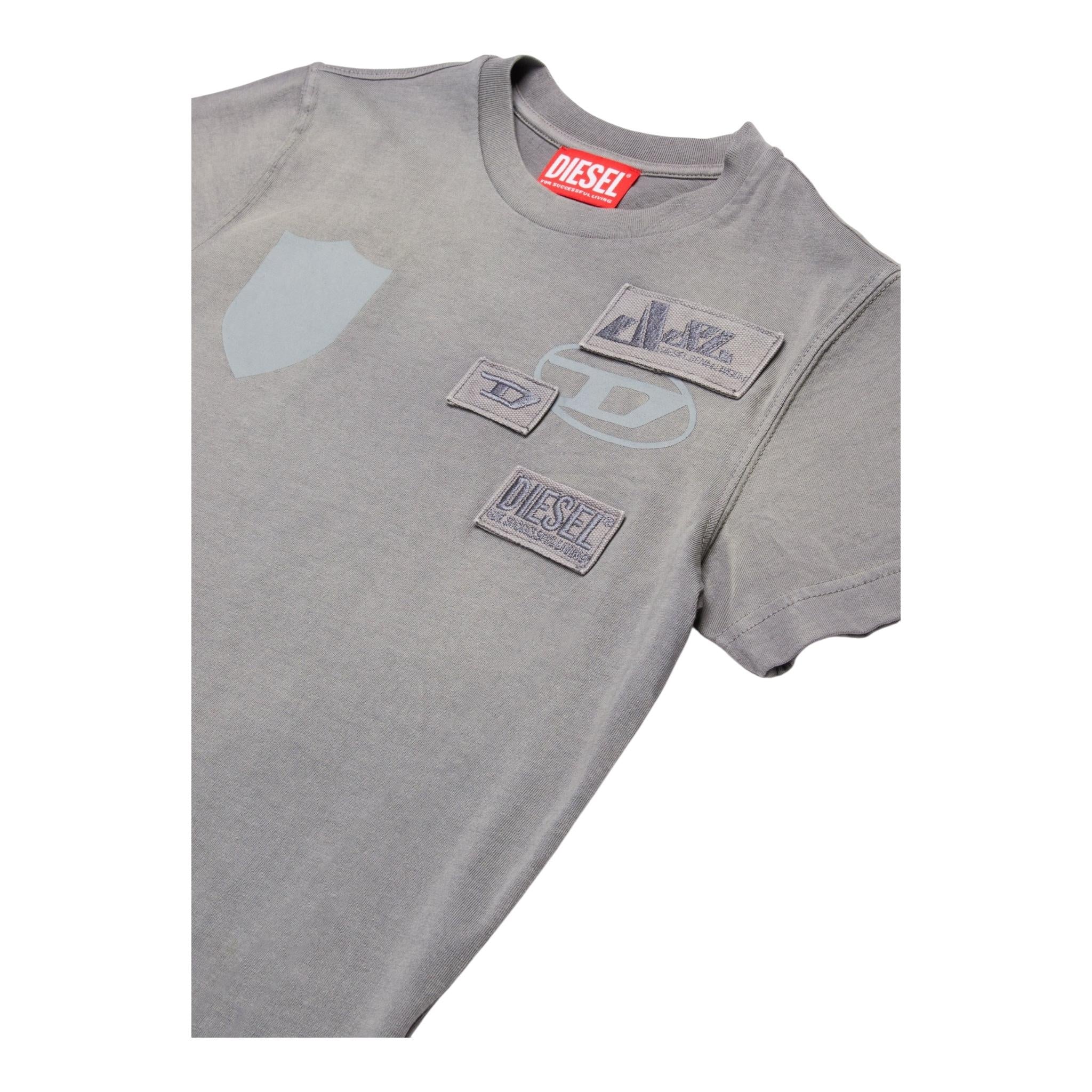 DIESEL t-shirt girocollo tinta unita con applicazioni Grigio per Bambino J01963 GRIGIO DIESEL 