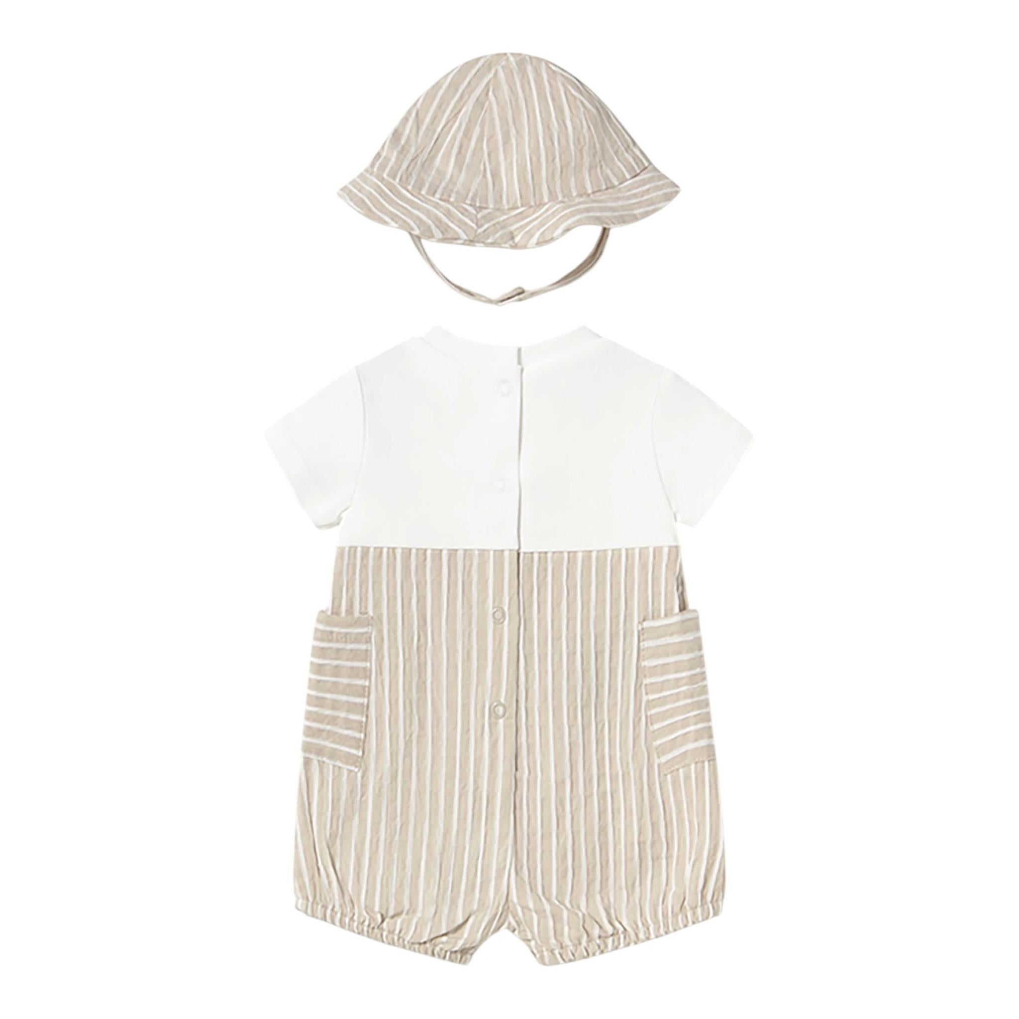 Mayoral Set Pagliaccetto Bicolore con Fantasia A Righe-Cappello per Neonato 1602X BIANCO/BEIGE MAYORAL 