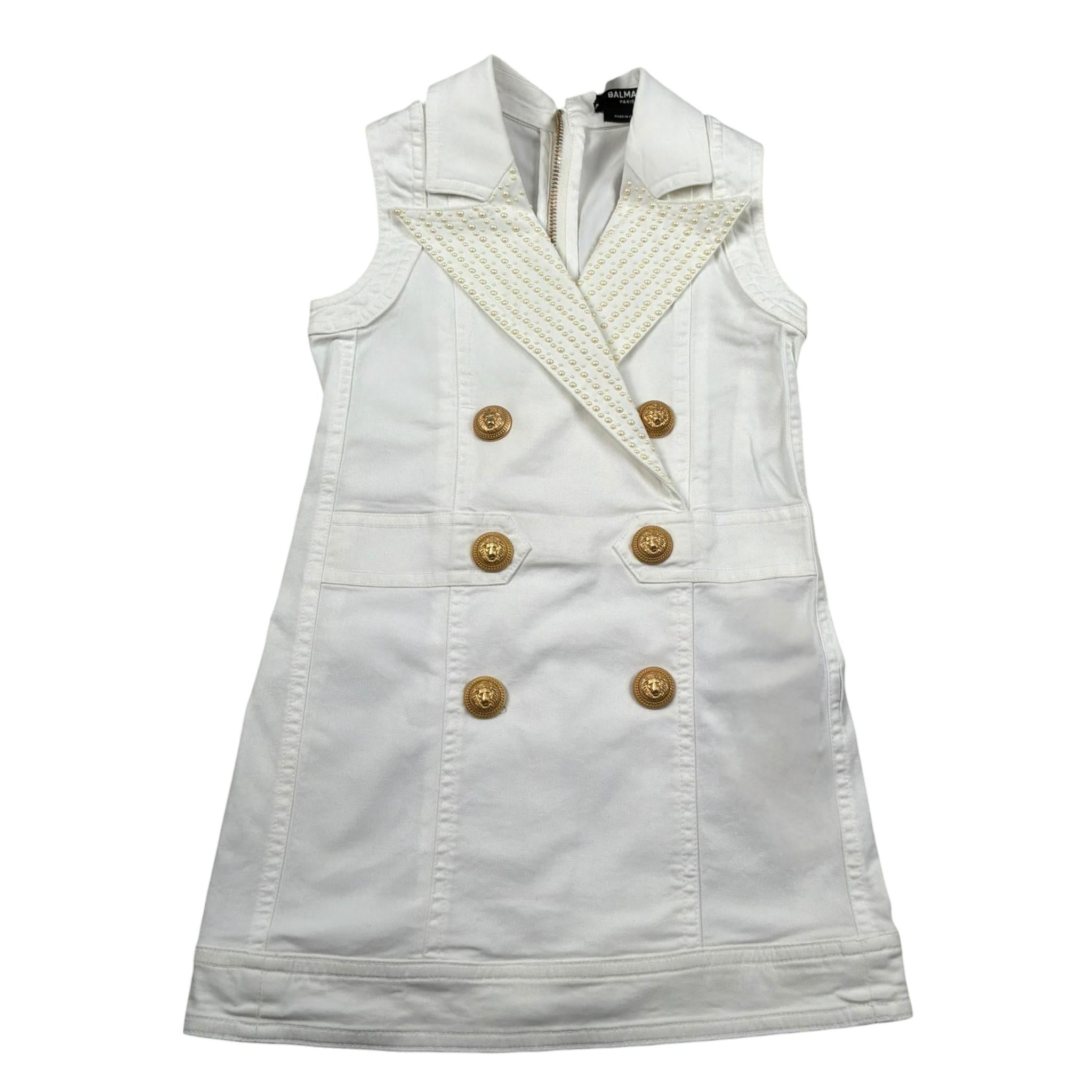 Balmain Abito Giromanica Tinta Unita con Applicazioni per Bambina BS1C12 BIANCO BALMAIN 