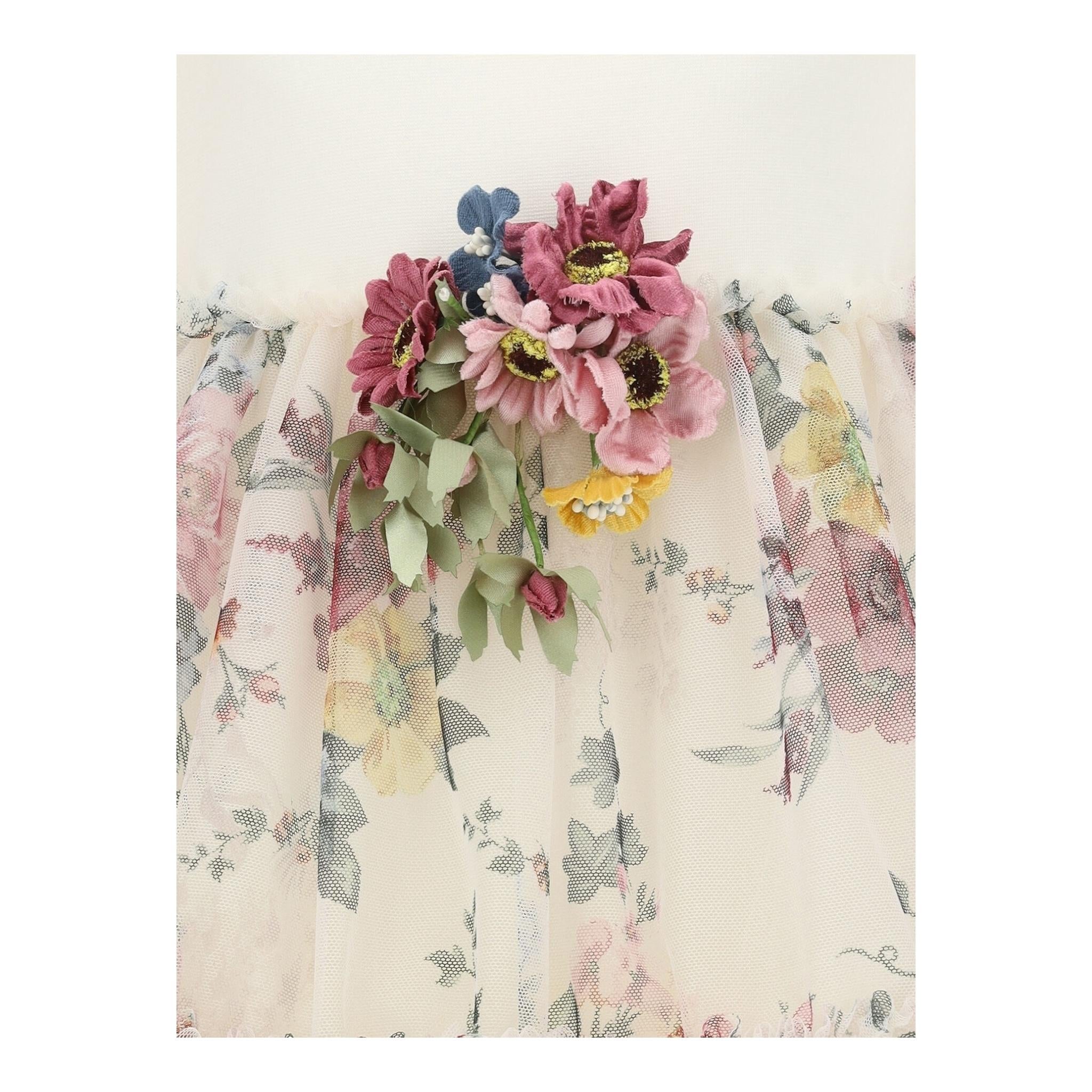 Monnalisa Abito Tinta Unita con Fantasia Fiori E Tulle per Bambina 110903 AVORIO MONNALISA 