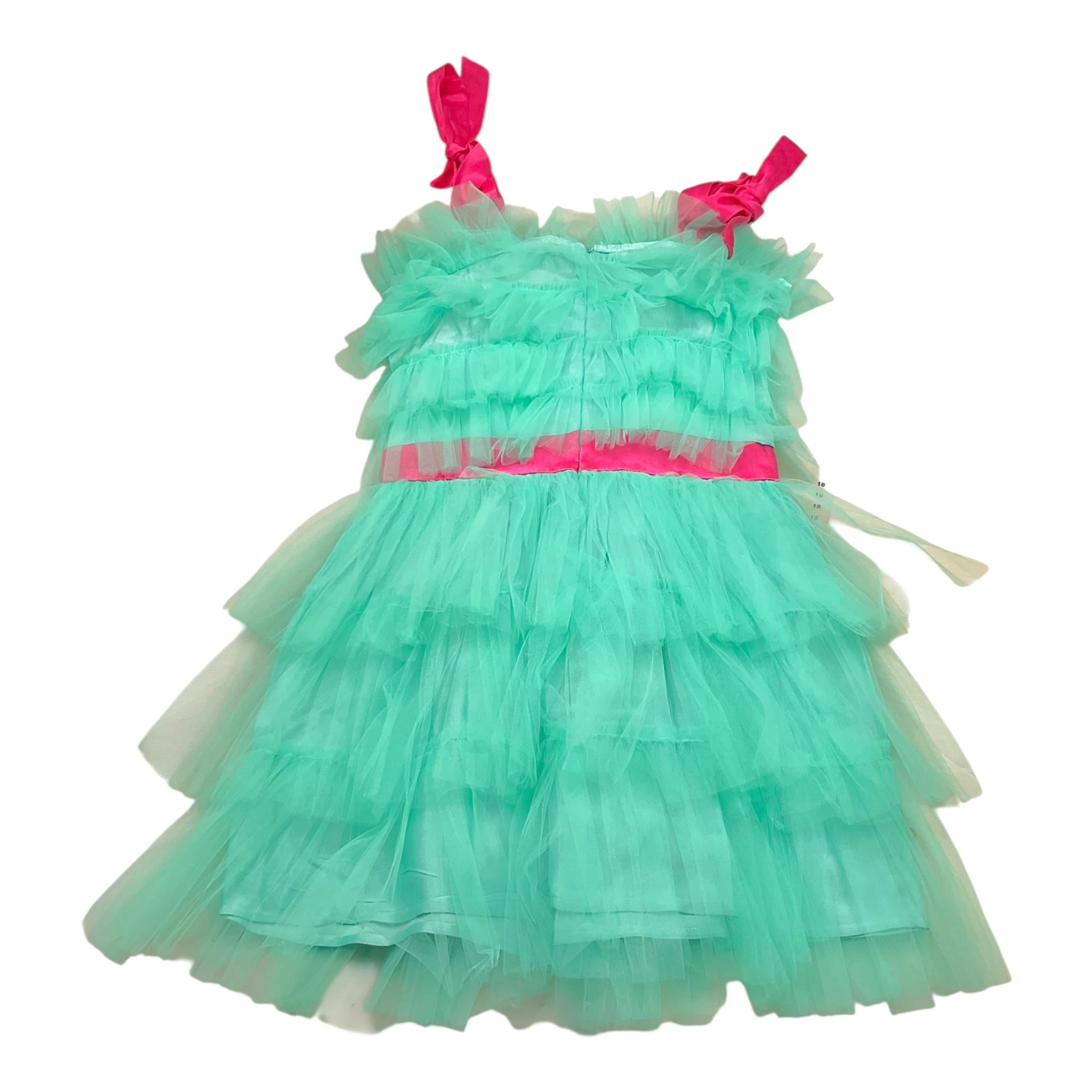 Met Abito Tinta Unita In Tulle con Logo Brillantinato per Bambina ME262 VERDE/FUXIA MET 