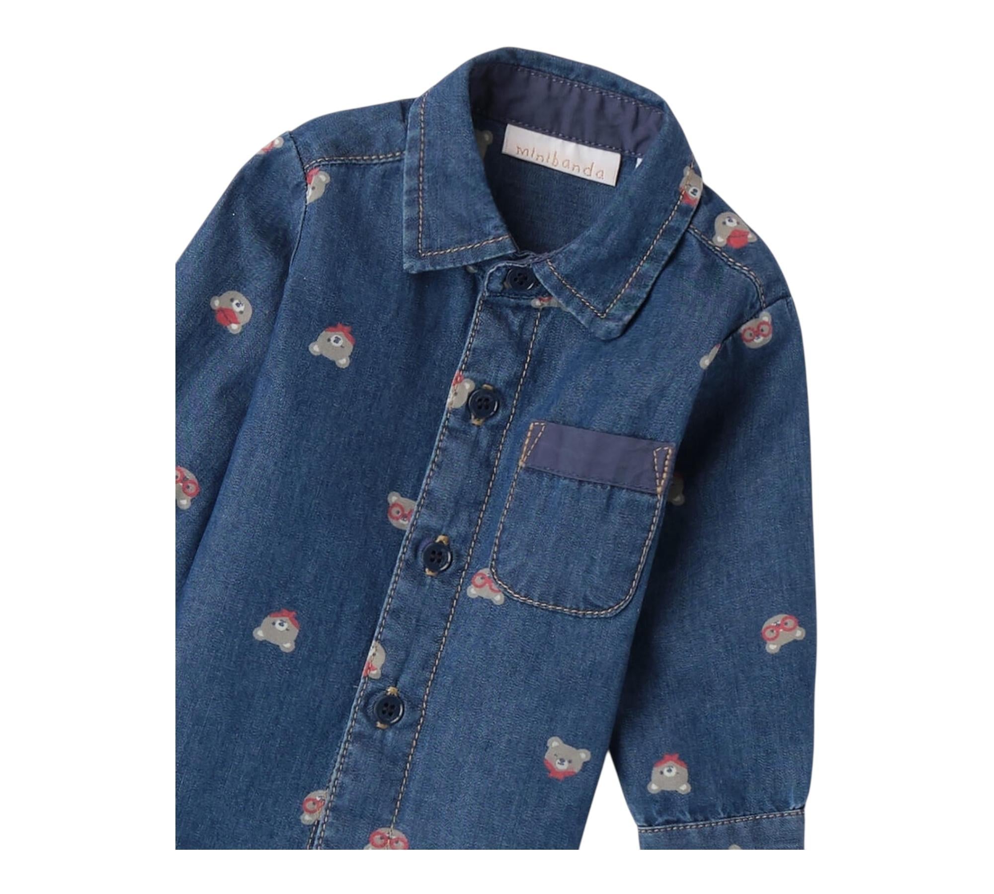 Minibanda Camicia Manica Lunga Tinta Unita con Stampa Orsi per Neonato 3B659 BLU MINIBANDA 