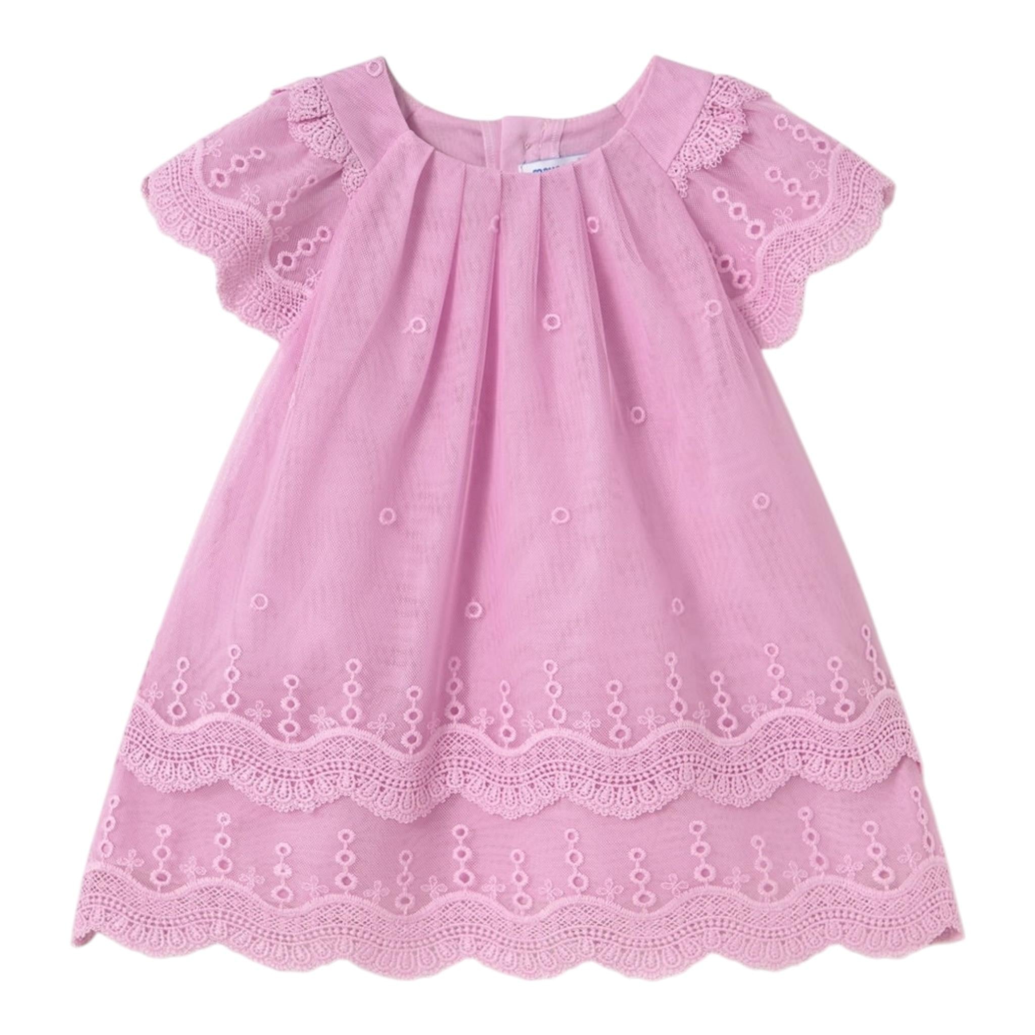 Mayoral Abito Mezza Manica Tinta Unita con Tulle E Pizzo Sangallo per Neonata 1910 ROSA MAYORAL 