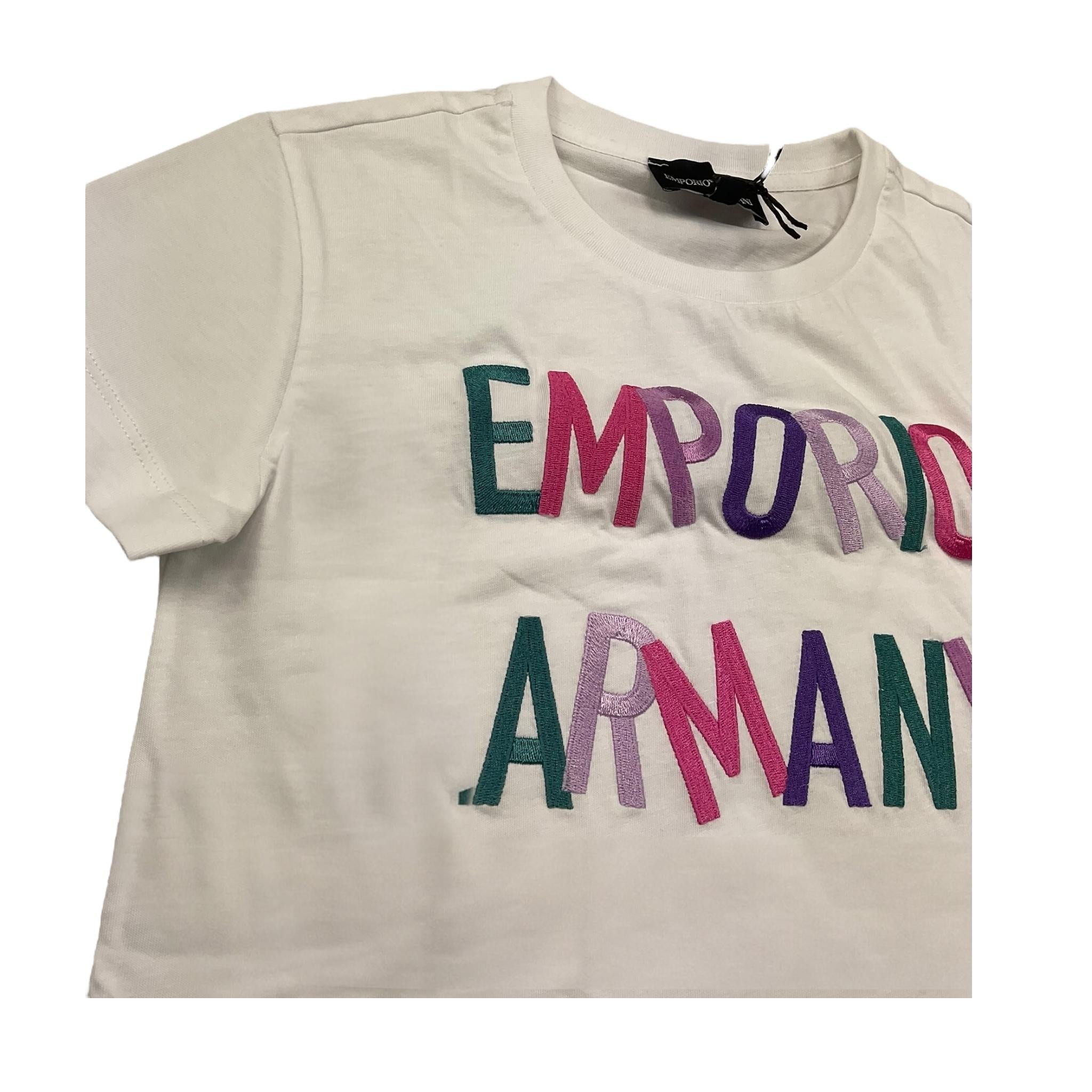 Emporio Armani T-Shirt Girocollo Tinta Unita con Ricami Logo per Bambina 3R3T7U BIANCO EMPORIO ARMANI 