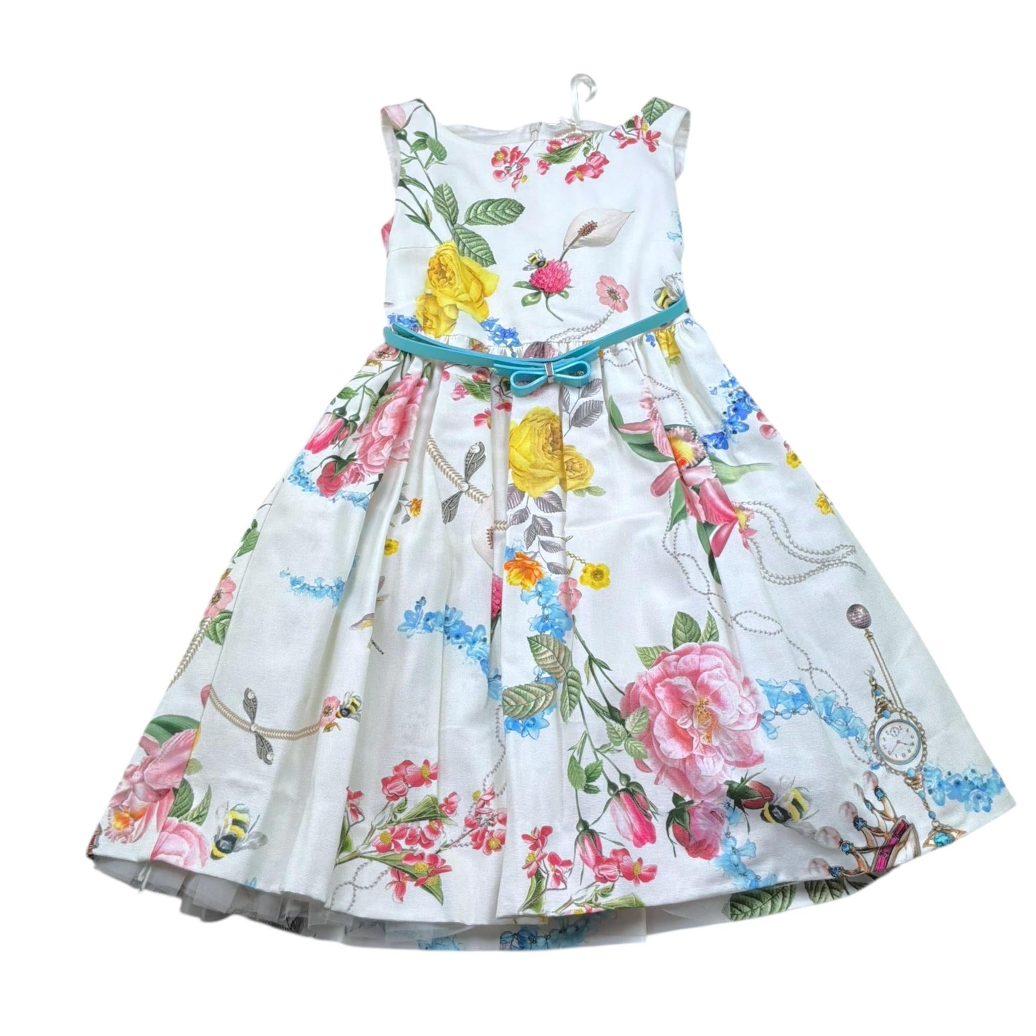 Monnalisa Abito Tinta Unita Giromanica con Stampa Fiori per Bambina FJFOR PANNA MONNALISA 