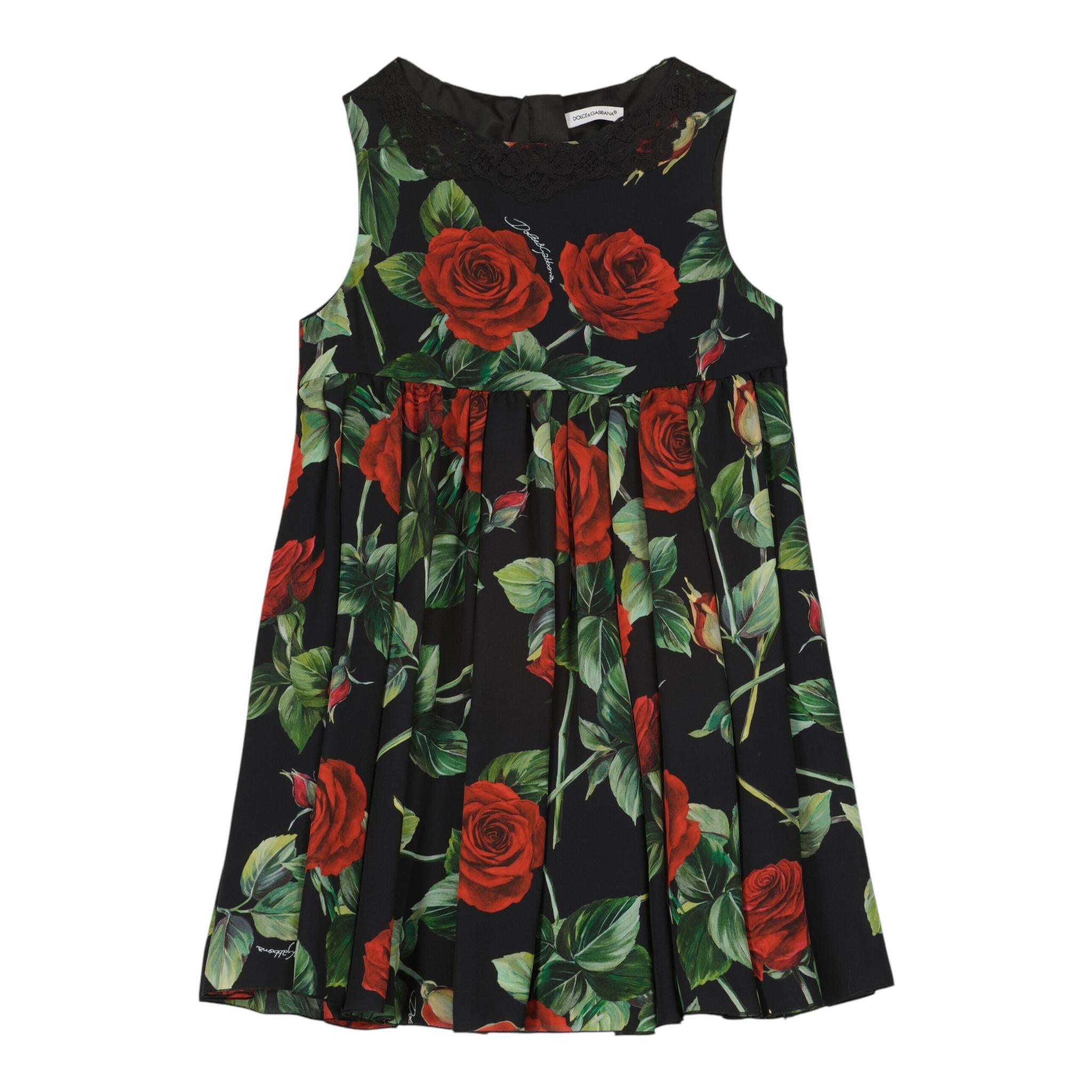 DOLCE & GABBANA abito giromanica tinta unita con stampe rose Nero per Bambina L52DX4 NERO DOLCE & GABBANA 
