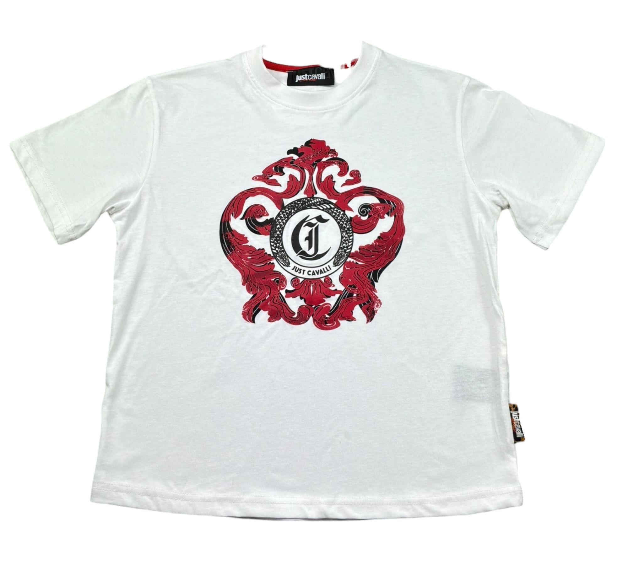 Just Cavalli T-Shirt Girocollo Tinta Unita con Stampa In Contrasto per Bambino JBP26035TS BIANCO JUST CAVALLI 