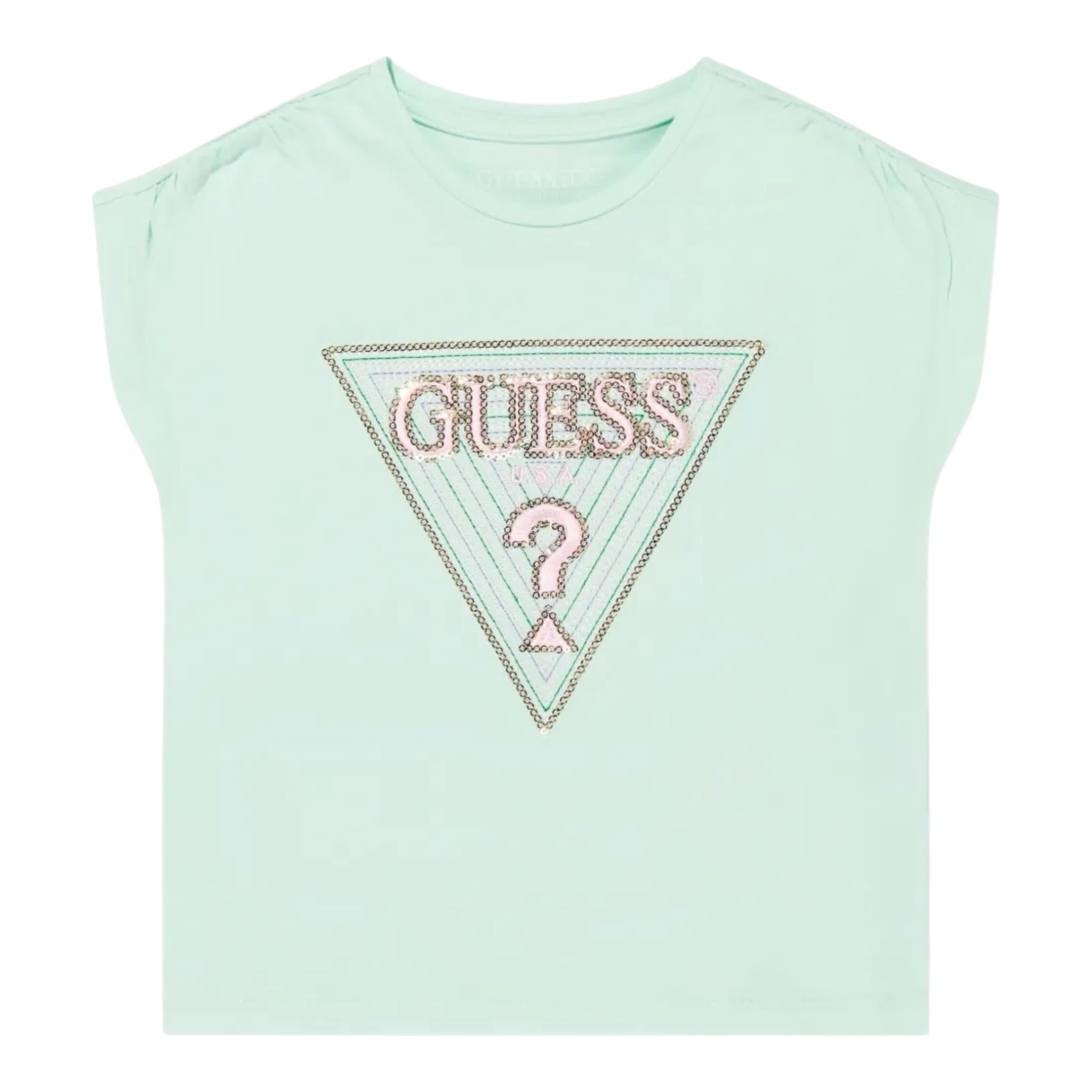 Guess T-Shirt Tinta Unita con Stampa E Paillettes per Neonata K5GI12K6YW4X VERDE ACQUA GUESS 