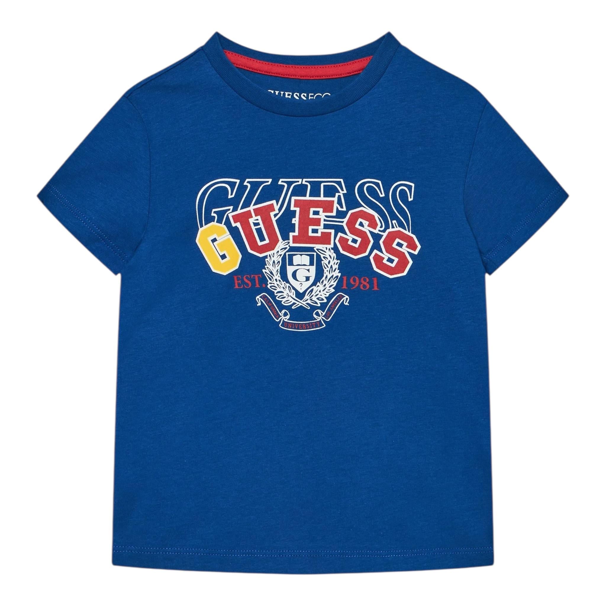 Guess T-Shirt Girocollo Tinta Unita con Stampa per Bambino N5RI00K8HM4JX BLU GUESS 