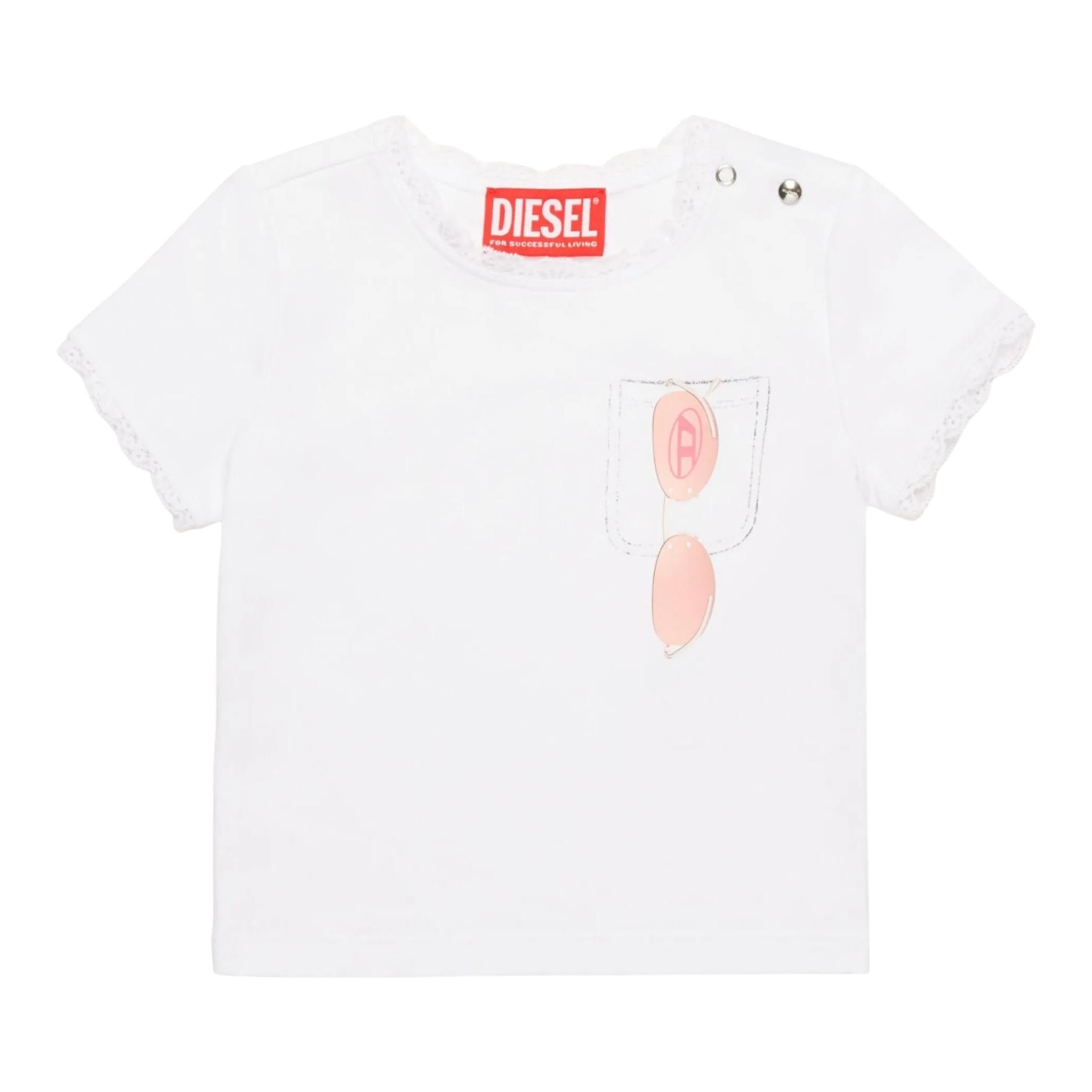 Diesel T-Shirt Girocollo Tinta Unita con Ricami per Bambina K00636 BIANCO DIESEL 
