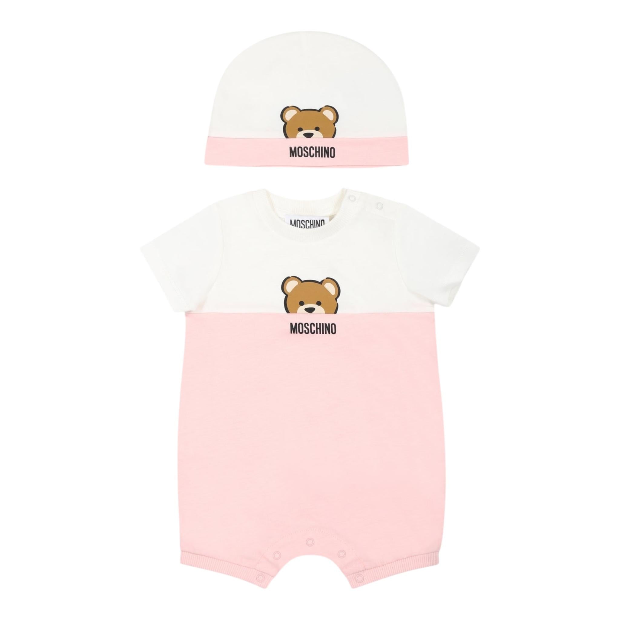 Moschino Set Pagliaccetto-Cappello Bicolore per Neonata MUY07E BIANCO/ROSA MOSCHINO 