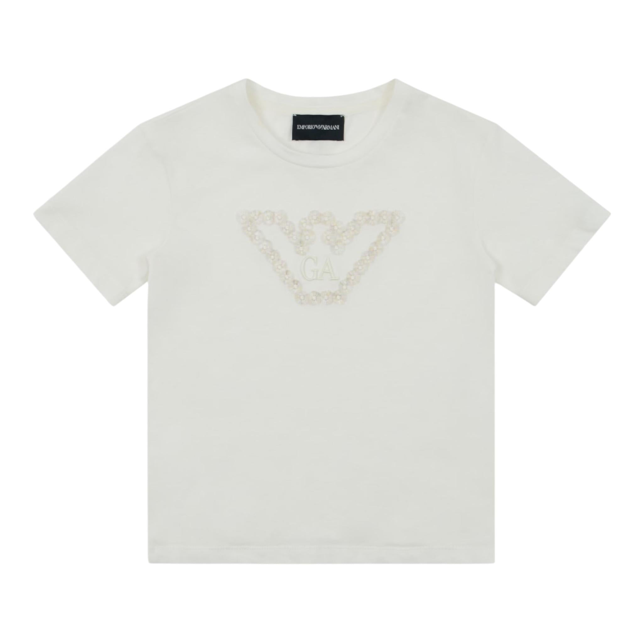 Emporio Armani T-Shirt Girocollo Tinta Unita con Ricami Fiori per Bambina EG000224 BIANCO EMPORIO ARMANI 