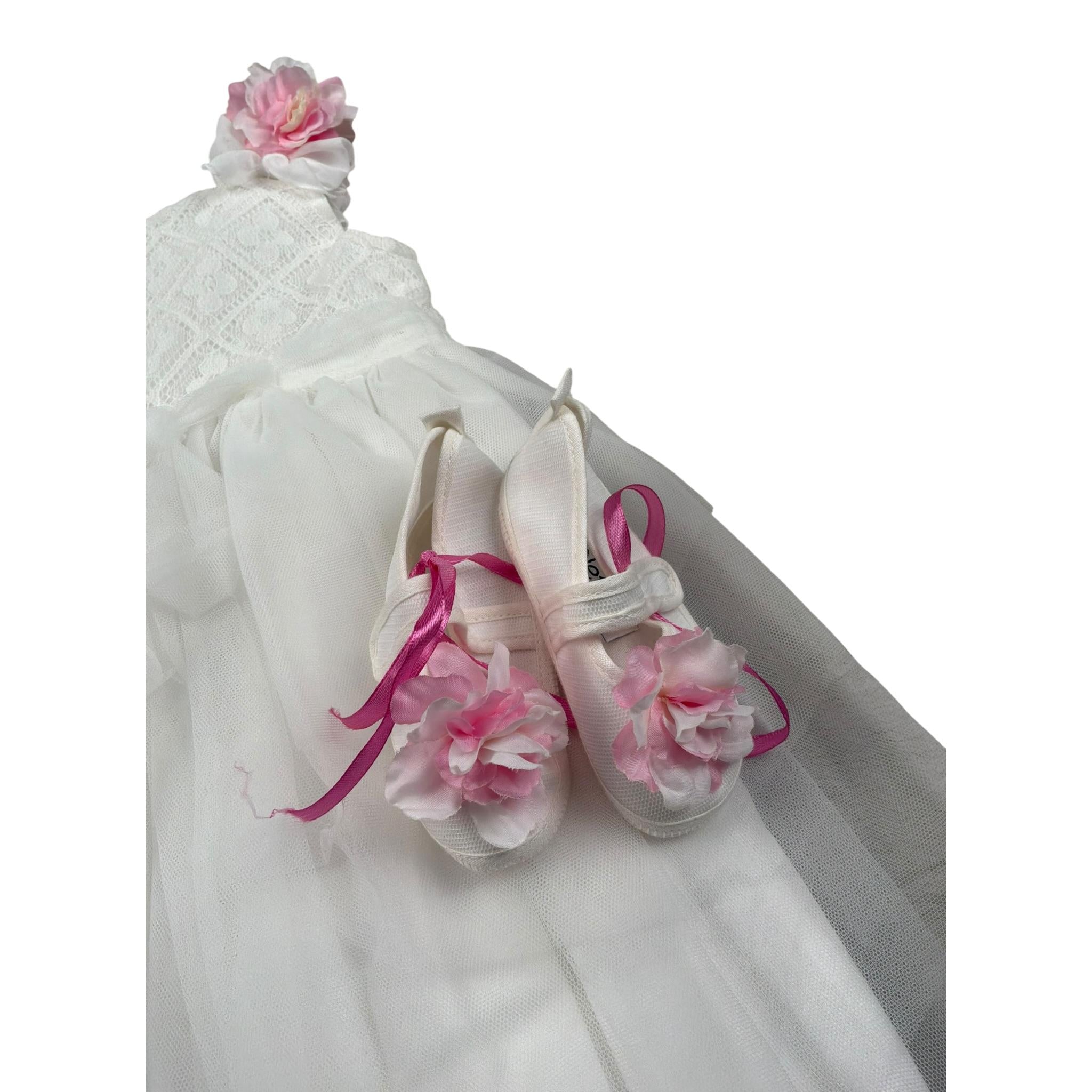 Aletta Abito Giromanica tinta unita con Tulle E Babbucce Bianco per Neonata HP22225 BIANCO ALETTA 