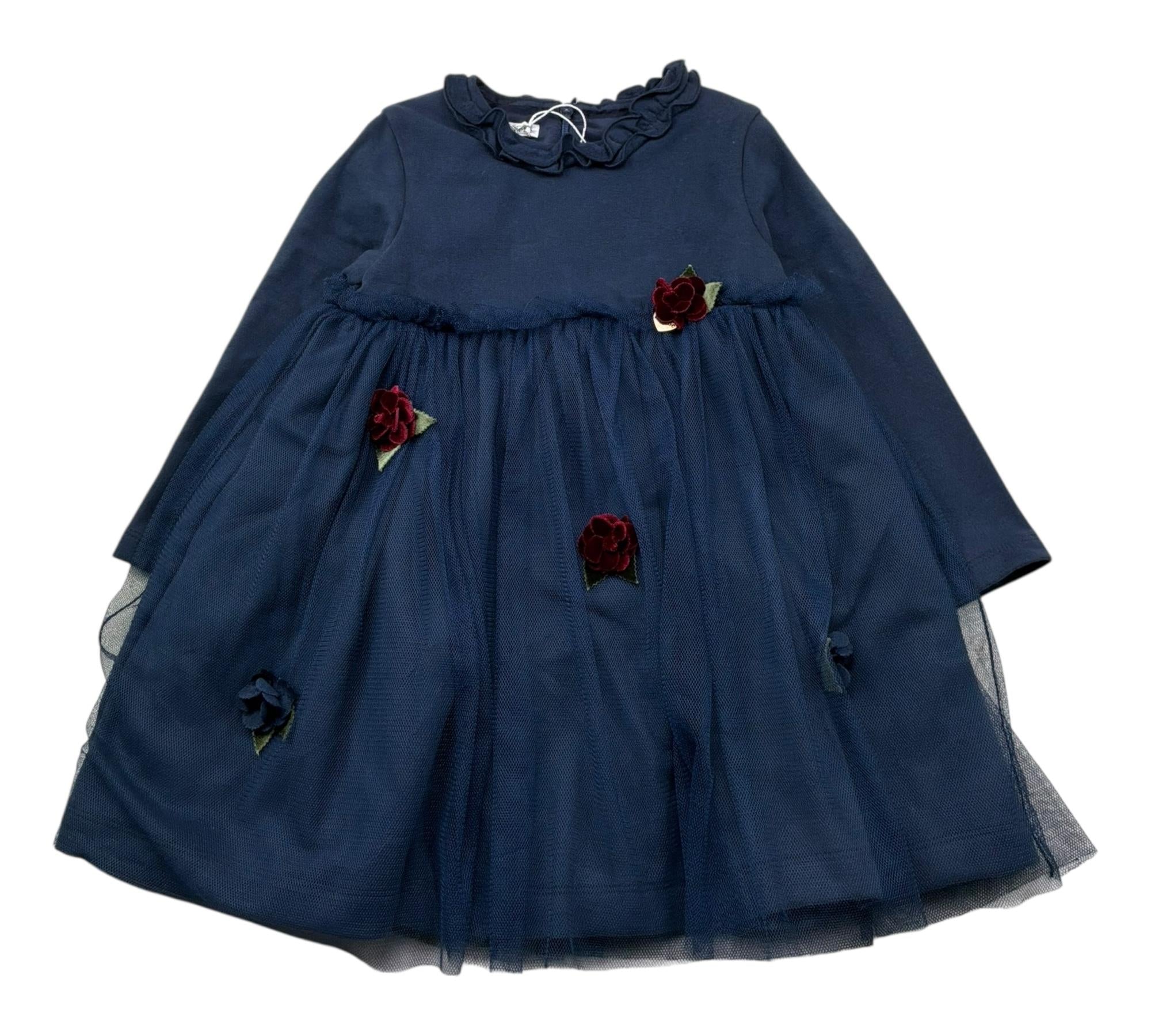 Le Bebe Abito Manica Lunga Tinta Unita con Tulle per Neonata LBG1122 BLU LE BEBE 