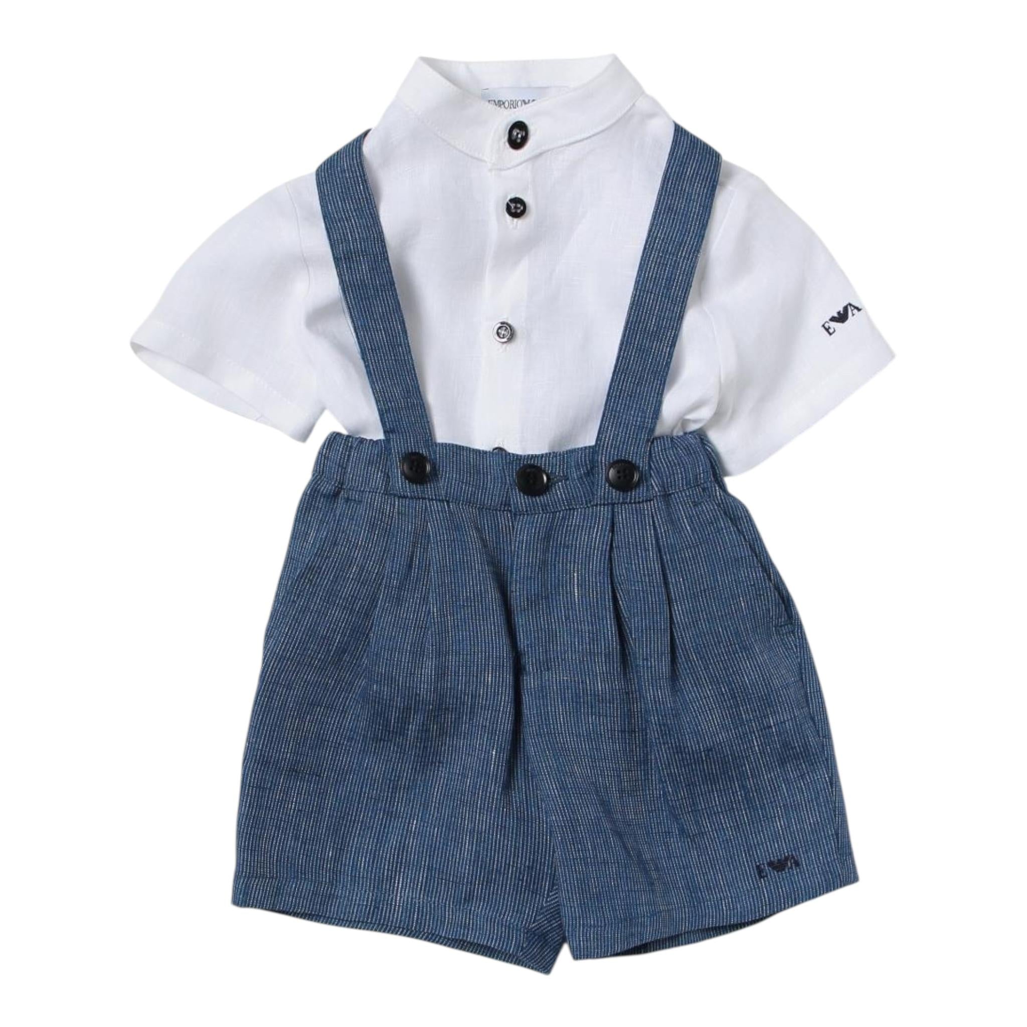 Emporio Armani Completo 2 Pezzi Camicia-Bermuda con Bretelle per Neonato 3RHVJ4 BIANCO/BLU EMPORIO ARMANI 