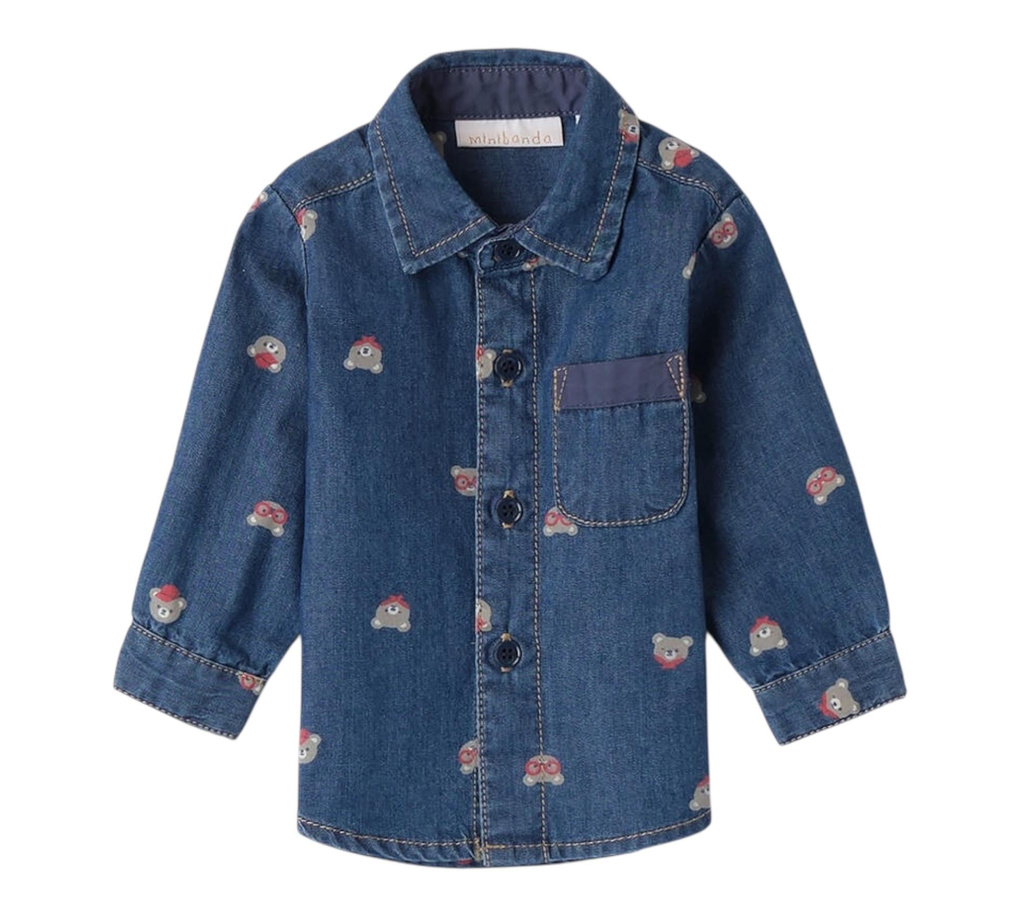 Minibanda Camicia Manica Lunga Tinta Unita con Stampa Orsi per Neonato 3B659 BLU MINIBANDA 