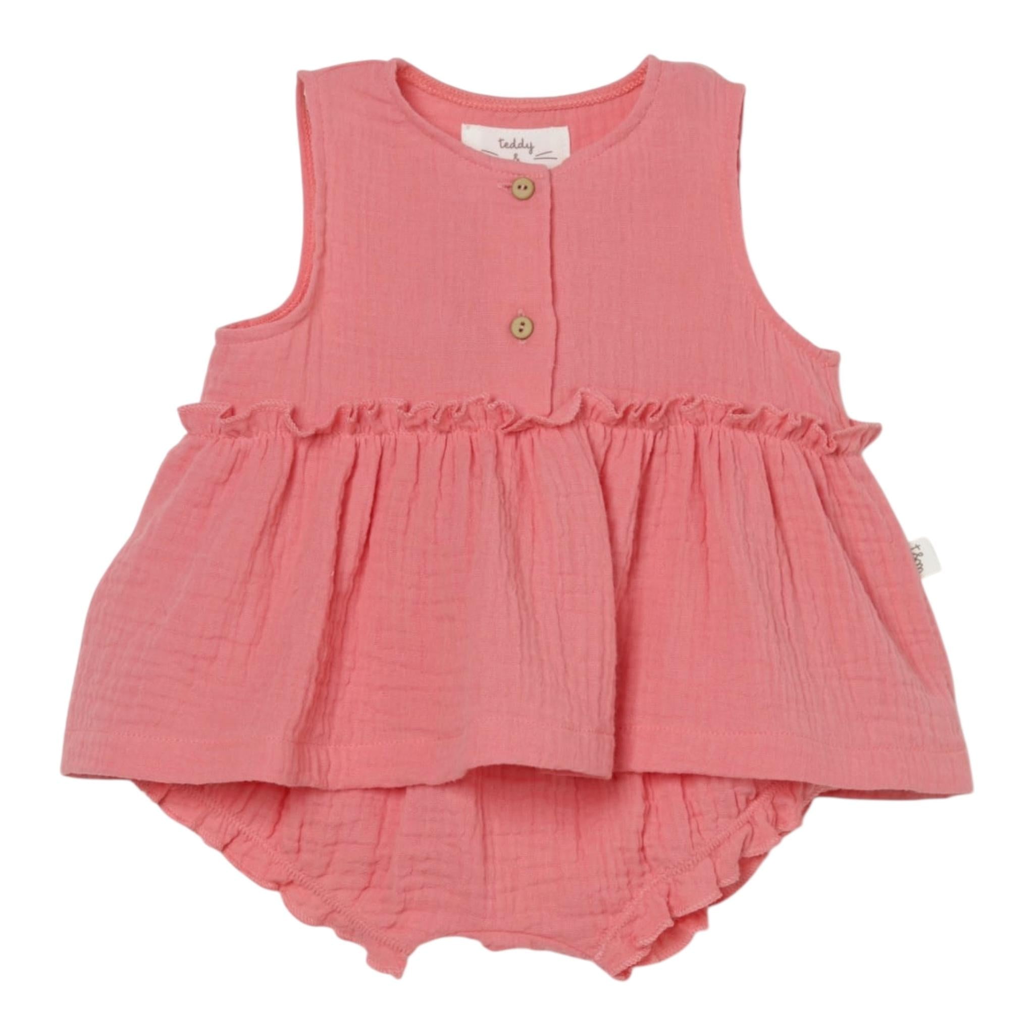 Teddy E Minou Abito Giromanica Tinta Unita con Culotte per Neonata E25CP044C0070 ROSA TEDDY E MINOU 