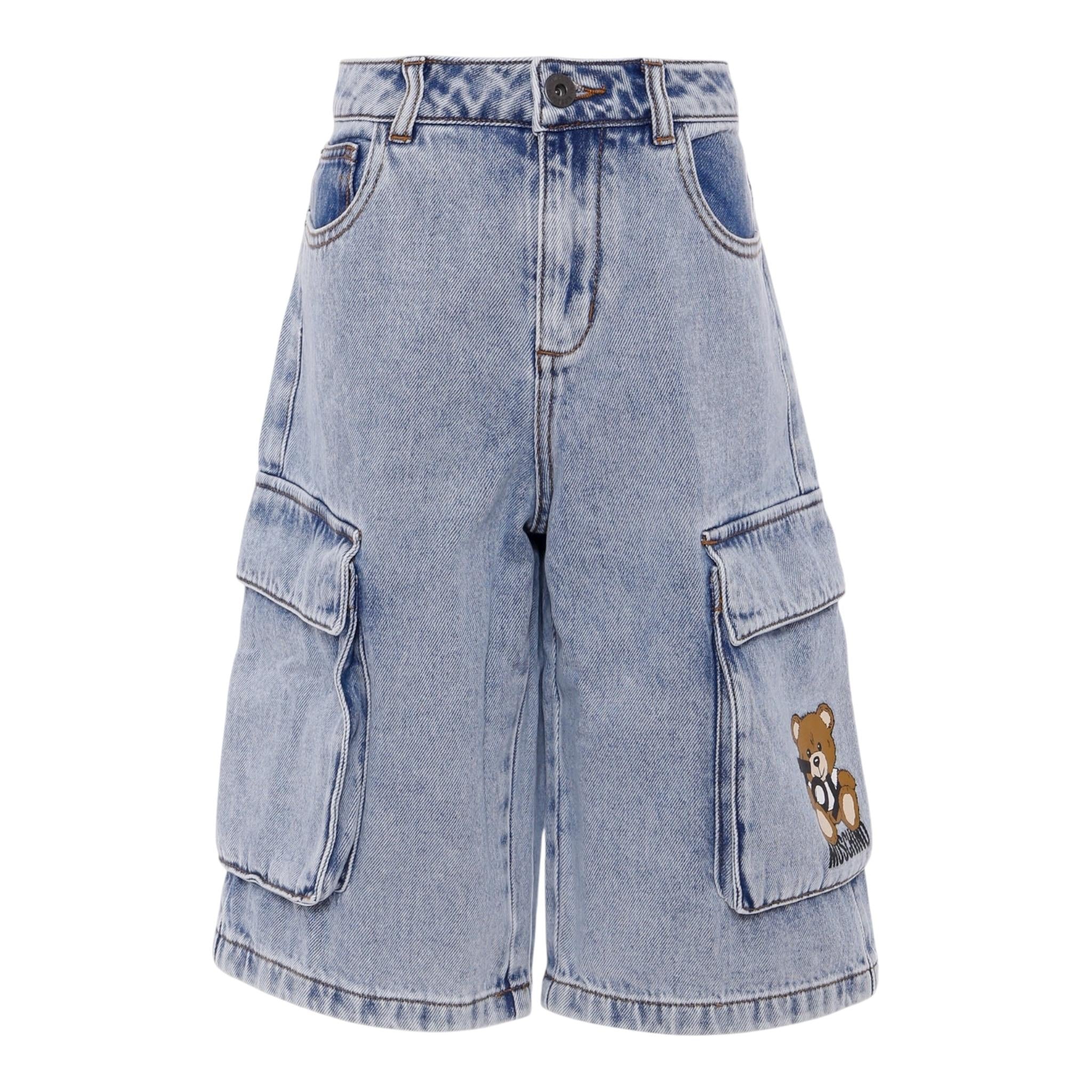 Moschino Bermuda Tinta Unita In Denim con Tasconi per Bambino HUQ023 AZZURRO MOSCHINO 