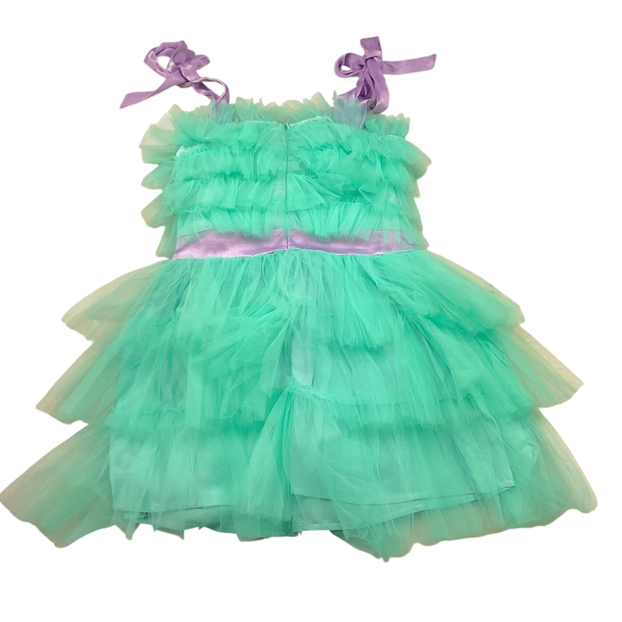 Met Abito Tinta Unita In Tulle con Logo Brillantinato per Bambina ME262 VERDE MET 