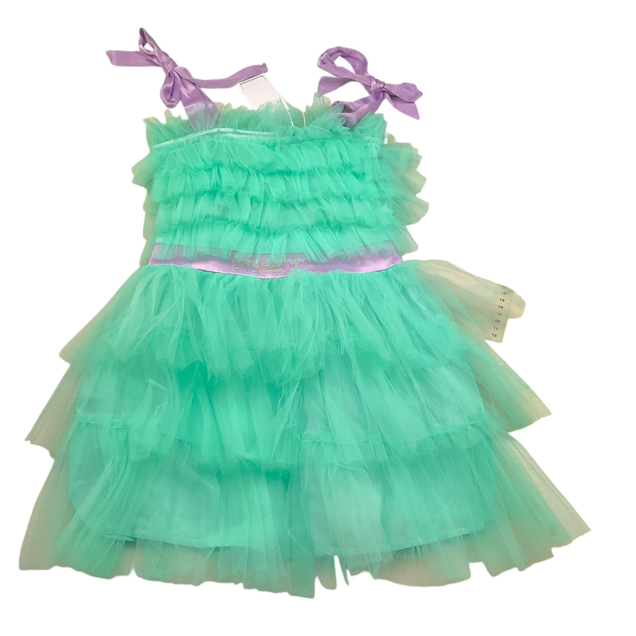 Met Abito Tinta Unita In Tulle con Logo Brillantinato per Bambina ME262 VERDE MET 