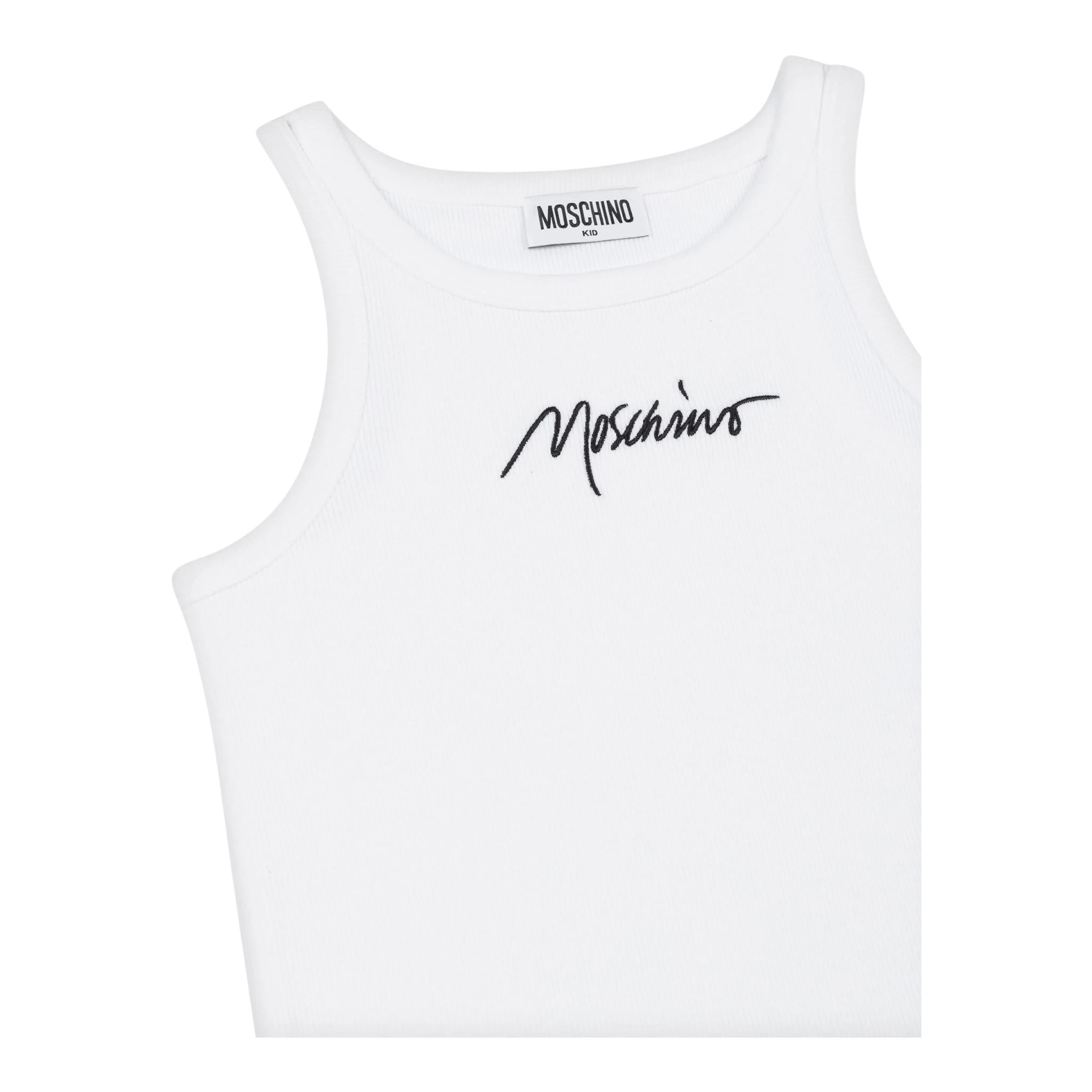 Moschino Canotta Girocollo Tinta Unita con Ricamo Logo per Bambina HDM06 BIANCO MOSCHINO 
